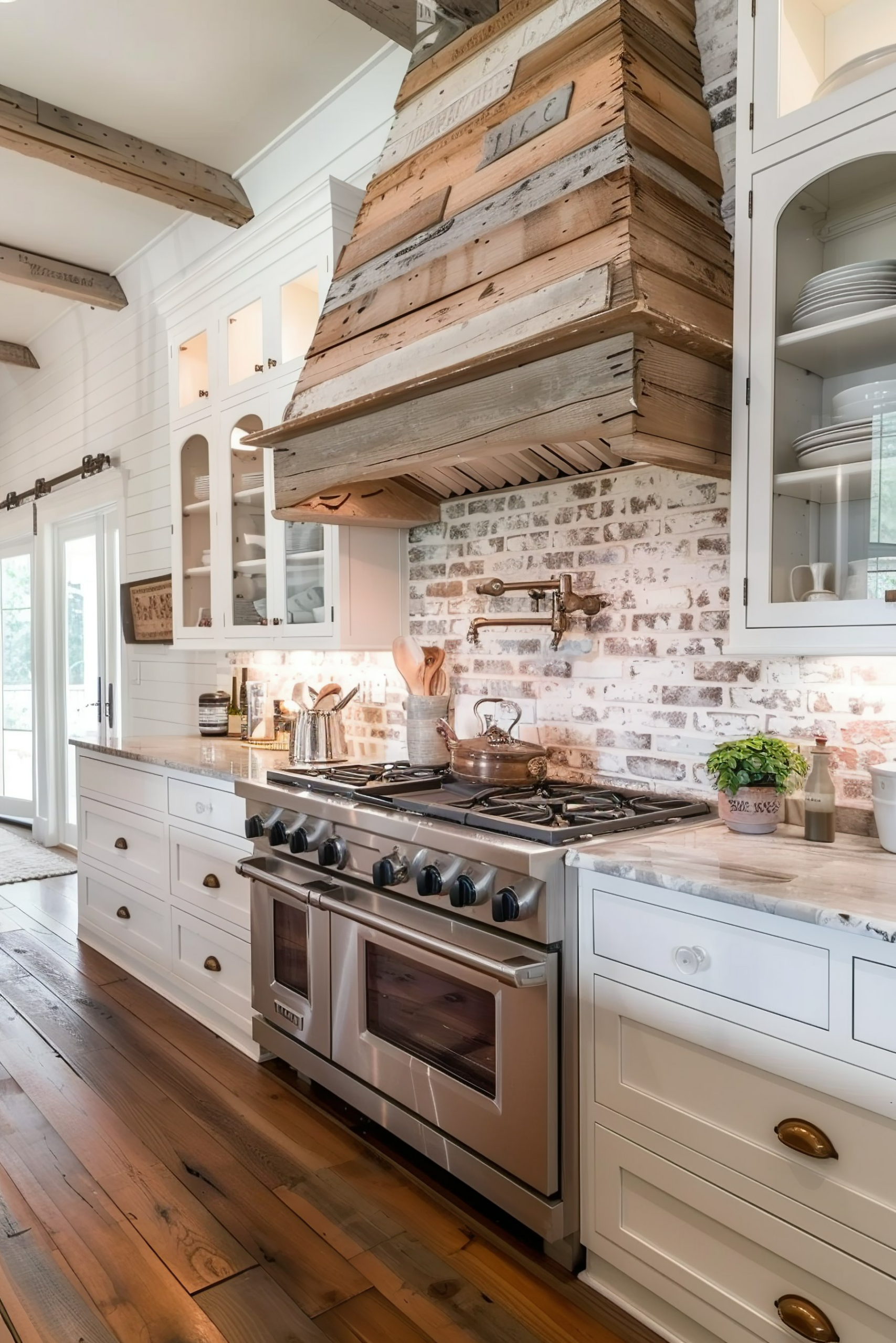 A rustic kitchen with white cabinets, a brick backsplash, and a stove hood made of reclaimed wood.