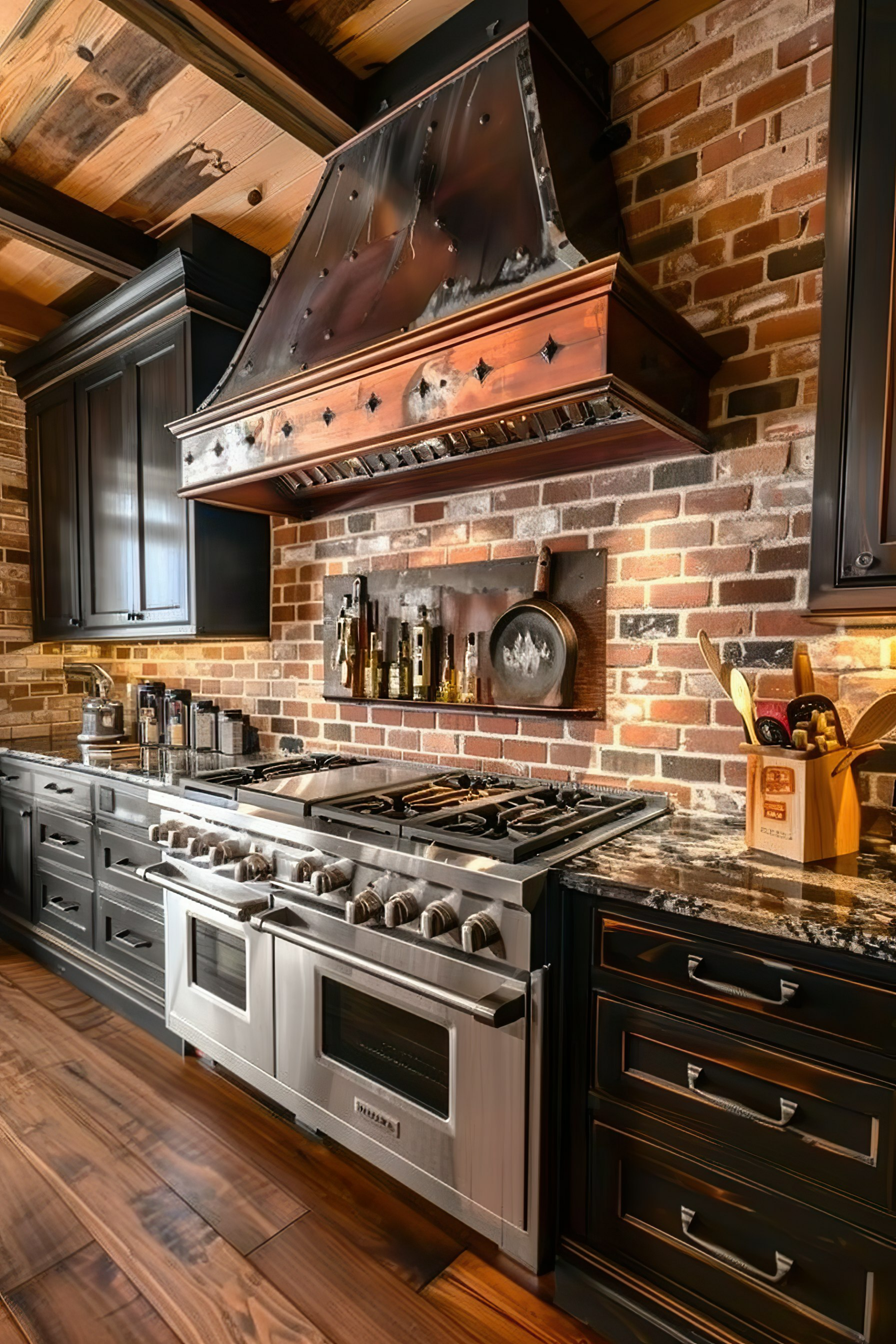 Rustic kitchen interior with brick walls, wooden cabinets, and a stainless steel stove with oven.