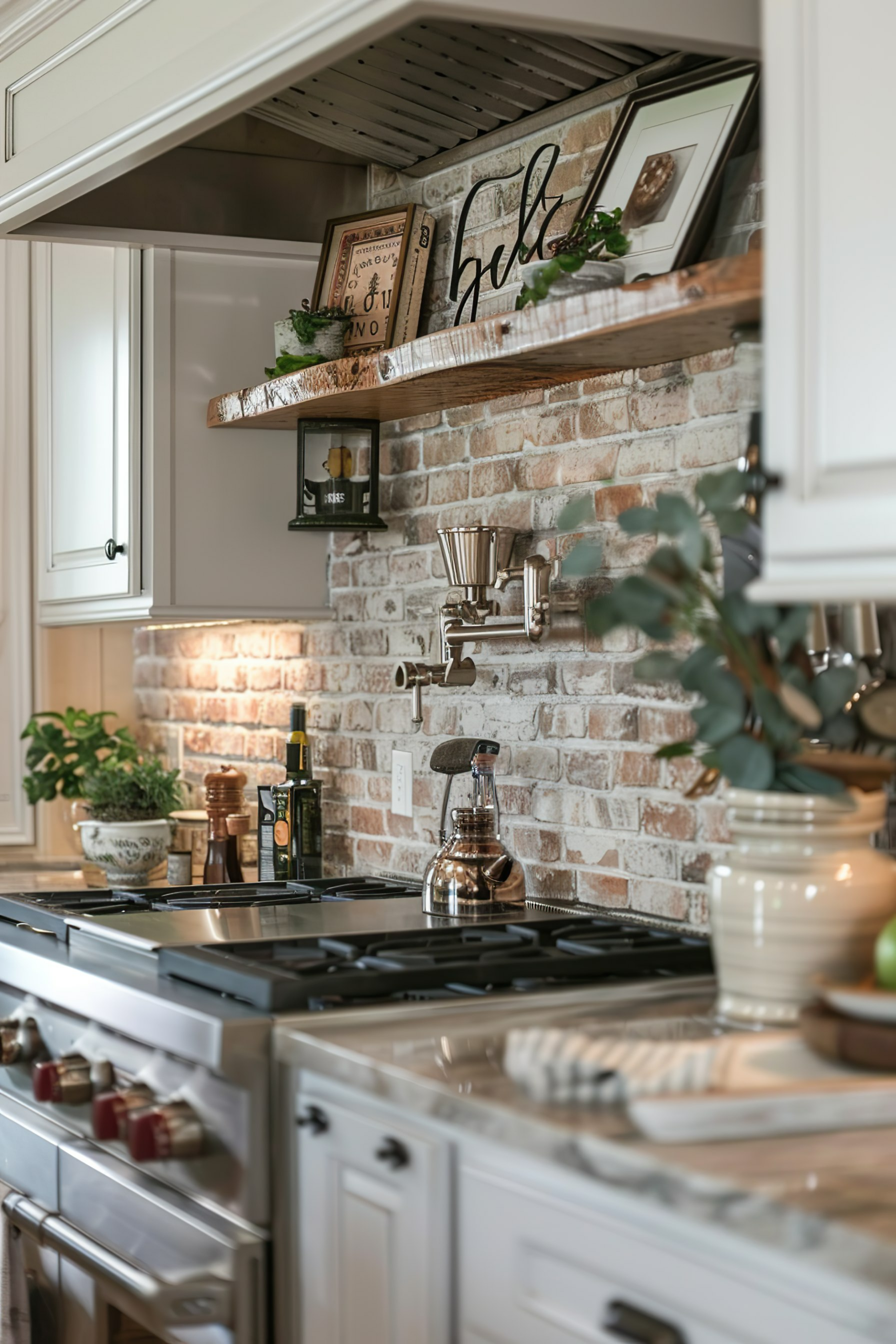 Cozy kitchen interior with brick backsplash, gas stove, decorative items on wooden shelf, and under-cabinet lighting.