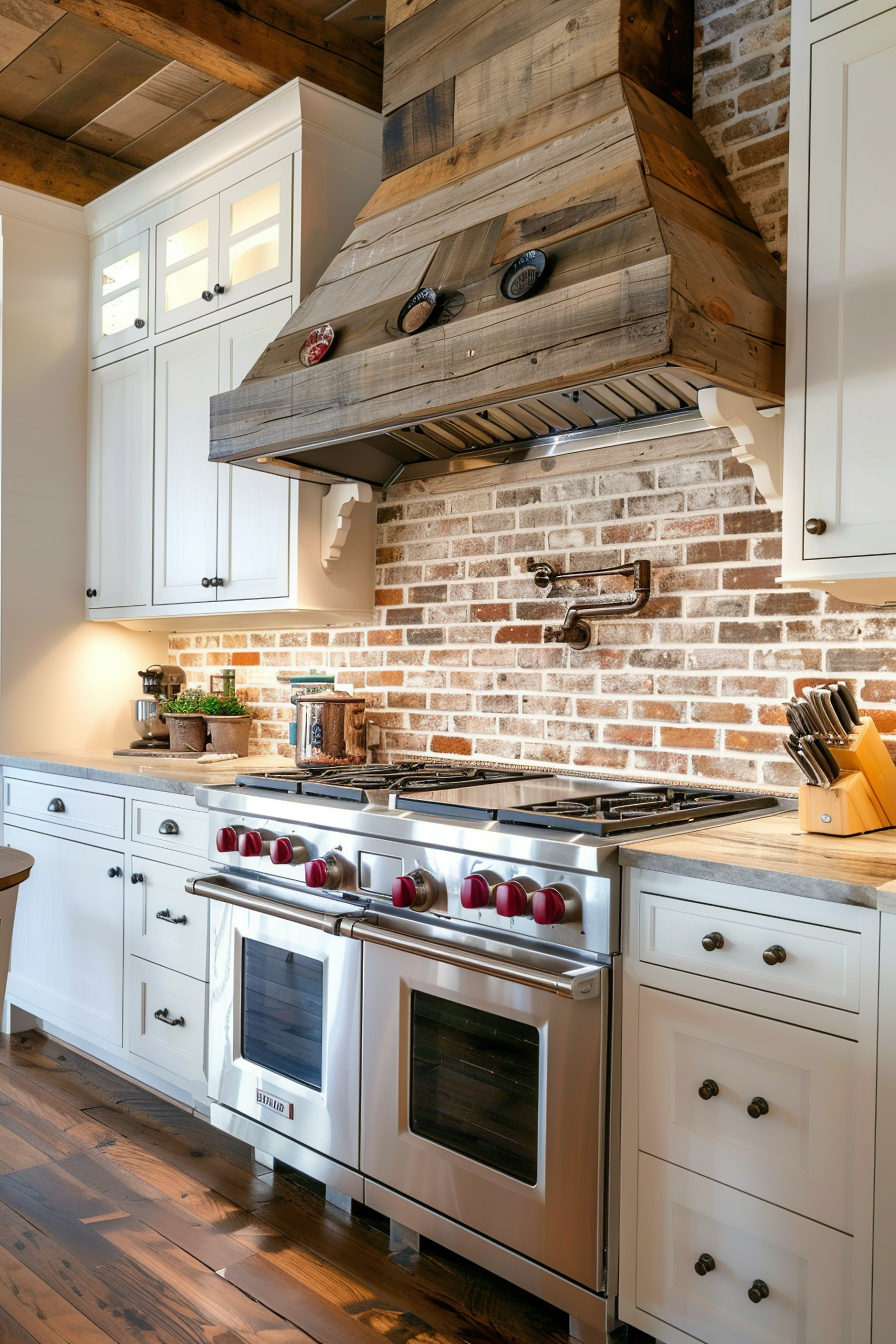 Rustic kitchen interior with white cabinets, brick backsplash, and a wood-covered range hood.