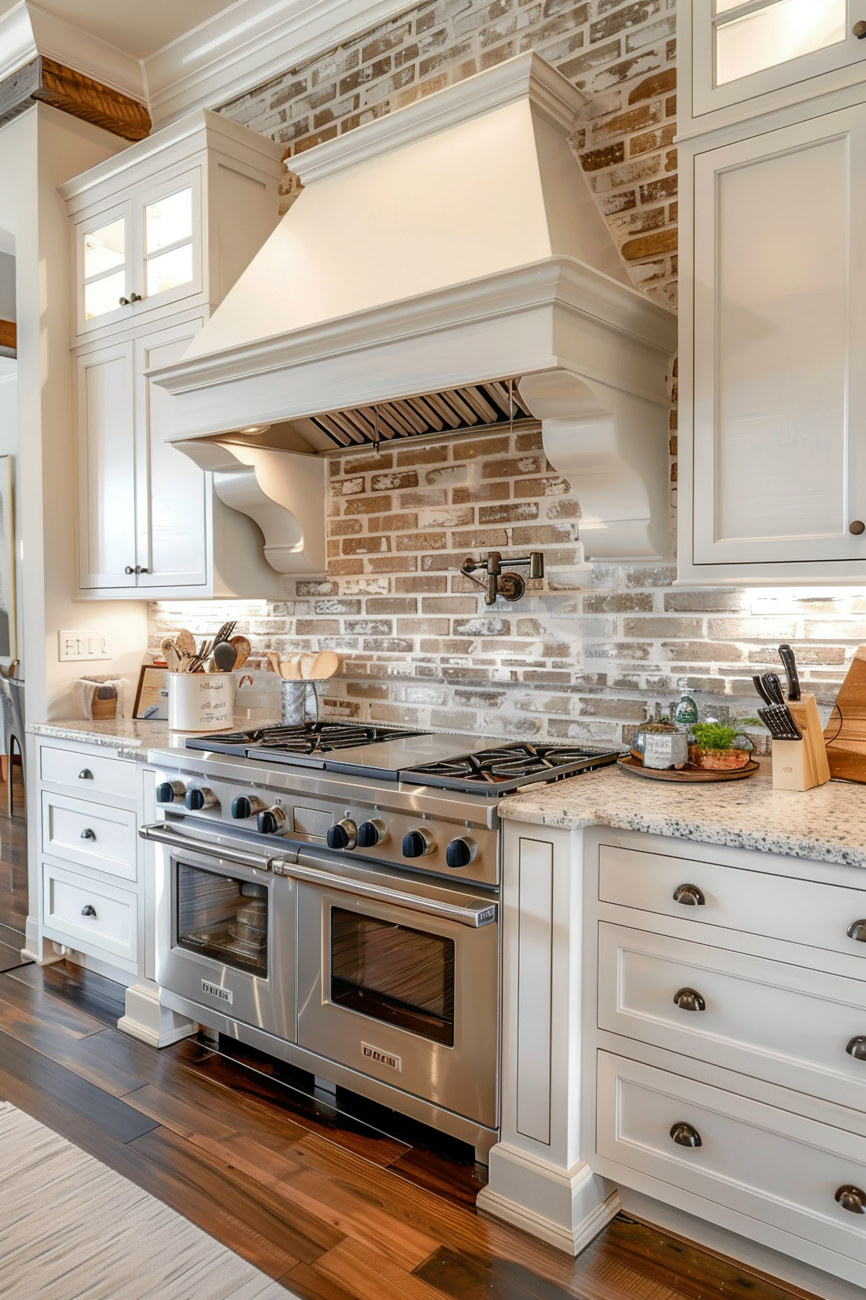 Modern kitchen with stainless steel range, white cabinets, and exposed brick backsplash.