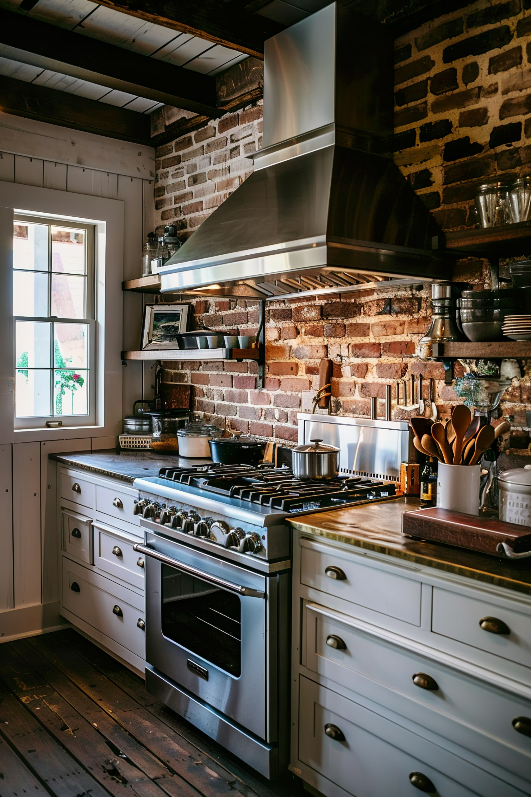 Rustic kitchen with brick walls, white cabinets, stainless steel stove and range hood, and wooden flooring.