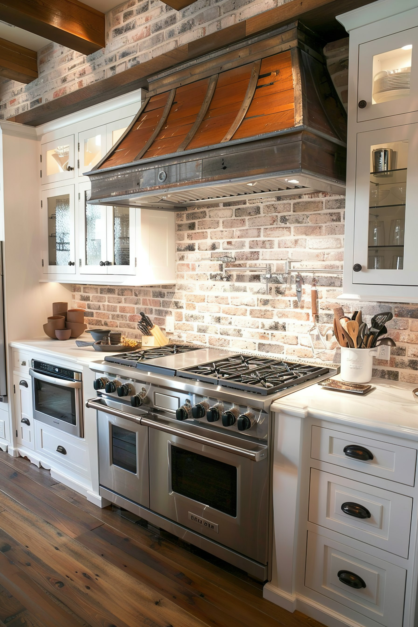 Modern kitchen with stainless steel stove and oven, white cabinets, and exposed brick backsplash under a wooden ceiling.