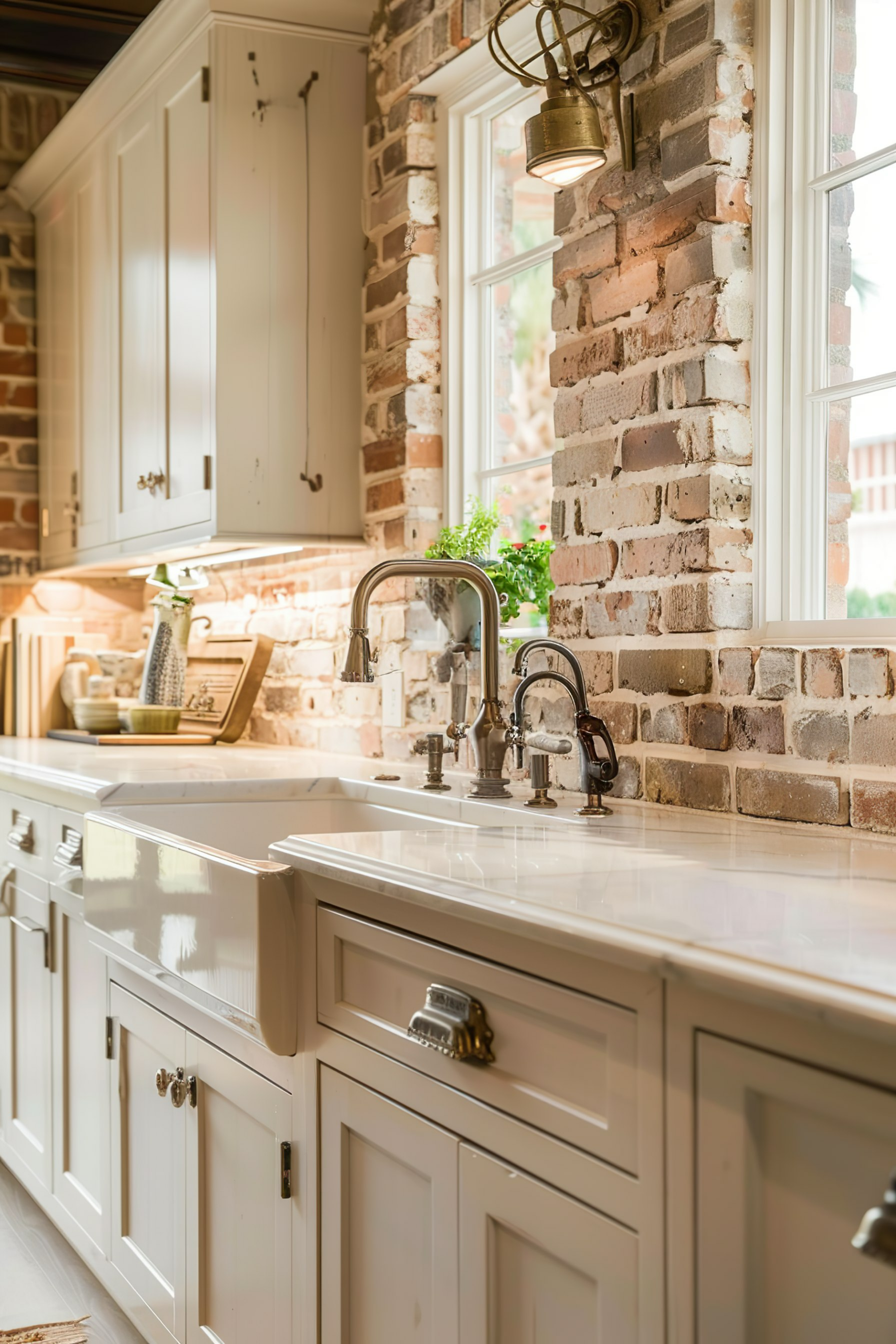 A well-lit kitchen corner with white cabinets, farmhouse sink, exposed brick wall, and a window overlooking greenery.