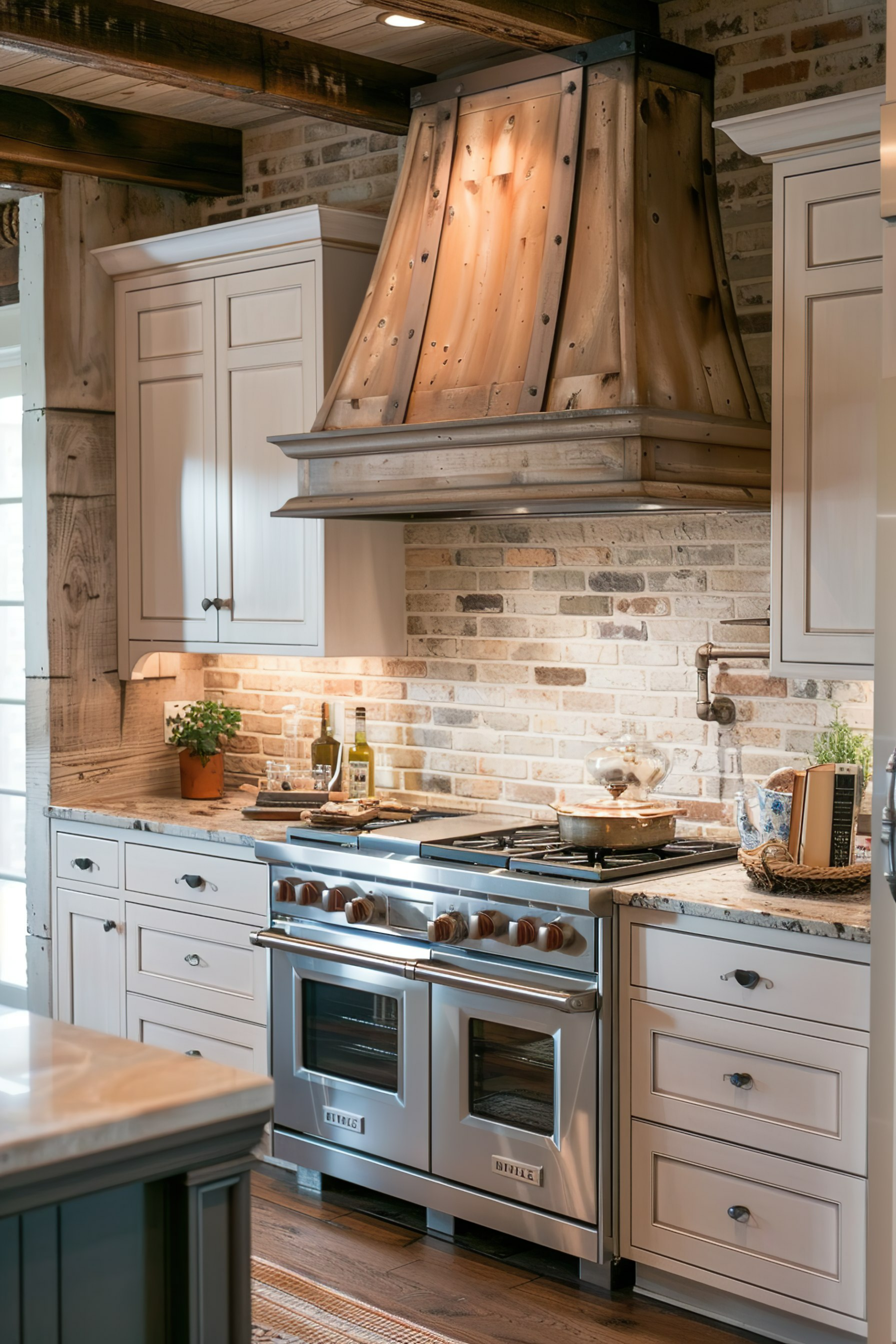 A rustic kitchen with brick walls, white cabinetry, and a wood-paneled range hood over a modern stove.