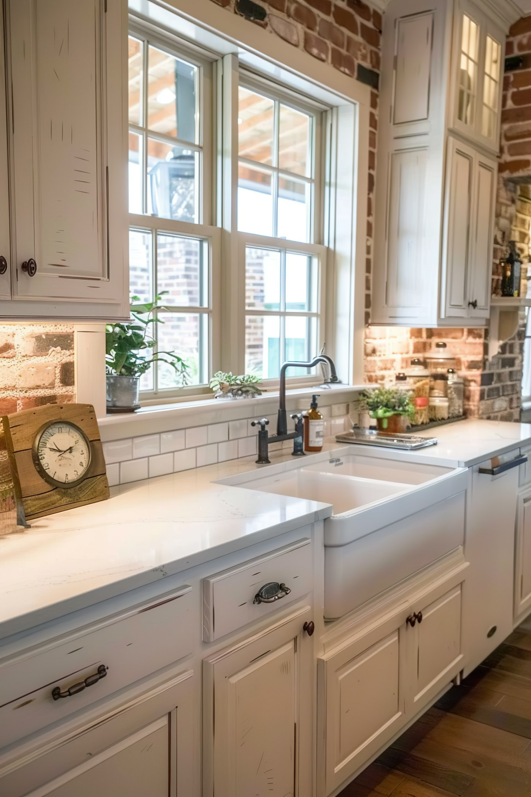 A cozy kitchen corner with white cabinets, a farmhouse sink, subway tiles, and exposed brick by a window.