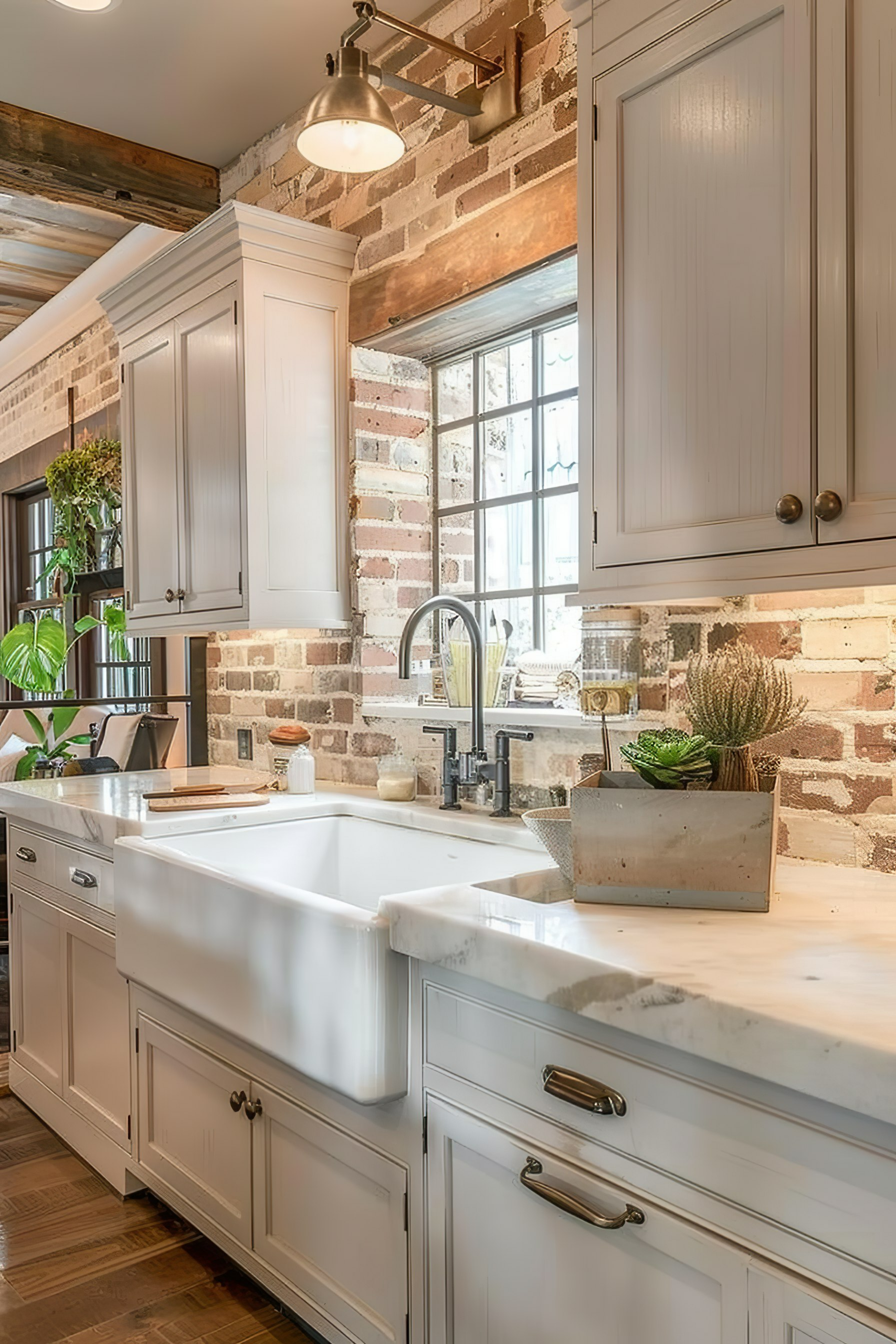 Rustic kitchen interior with white cabinetry, brick wall, farmhouse sink, and wall-mounted light fixture.