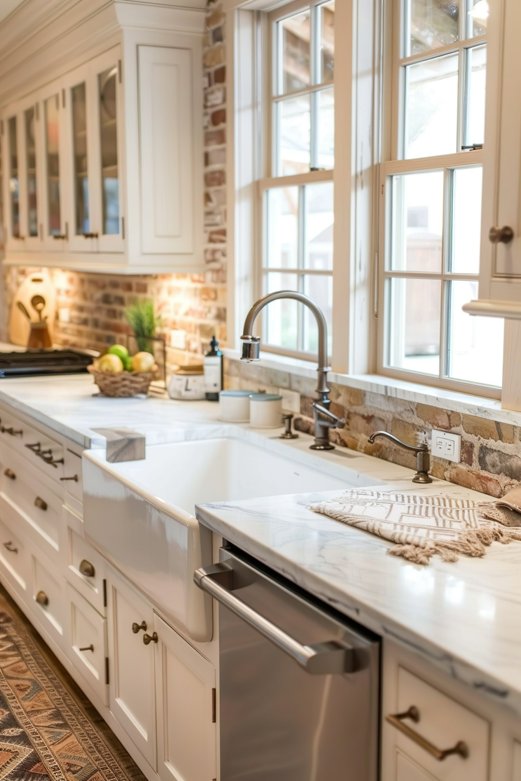 A modern kitchen with white cabinetry, marble countertops, and a brick backsplash by a window letting in natural light.