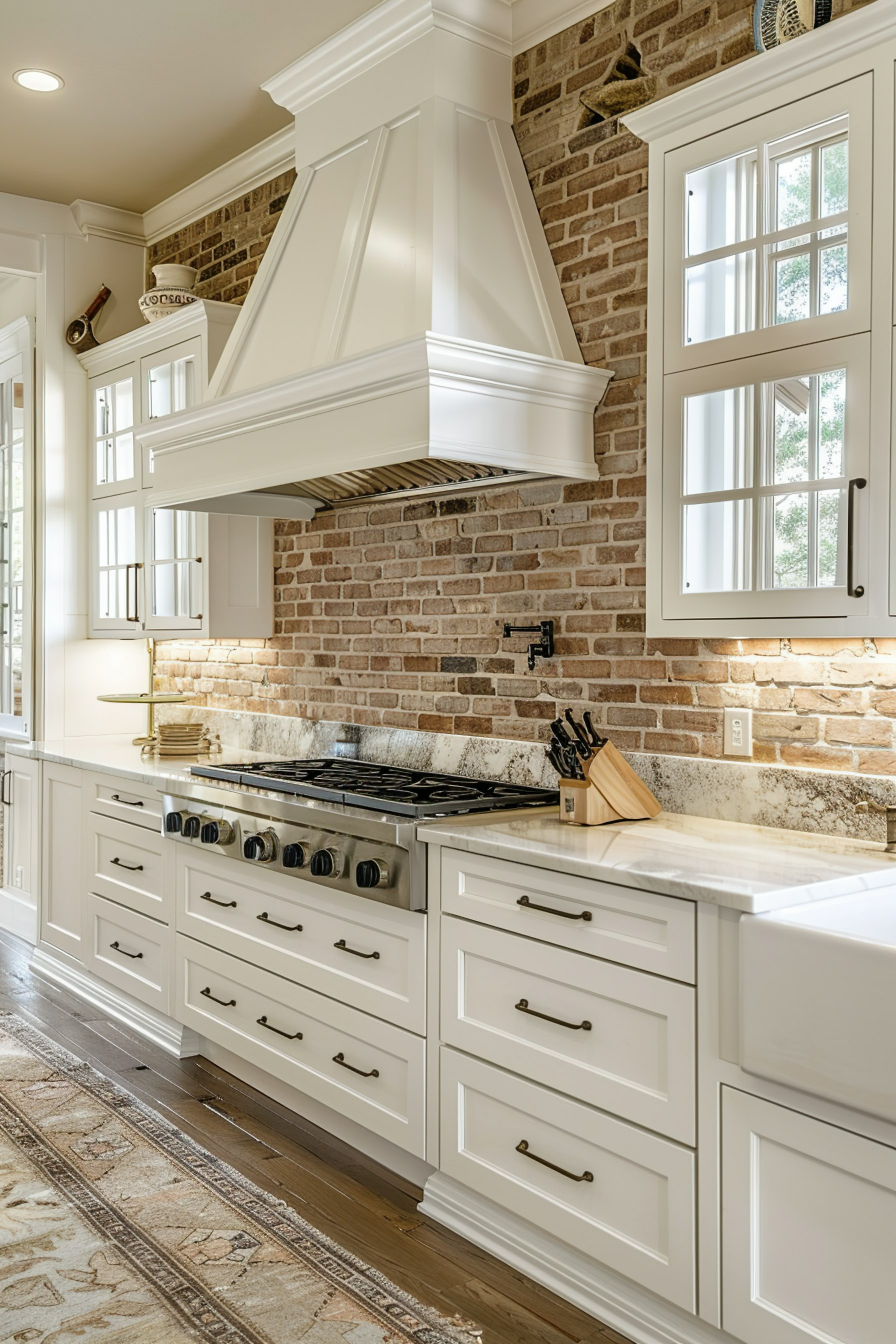 Elegant kitchen corner with white cabinetry, brick backsplash, stainless steel stove, and range hood with natural lighting.