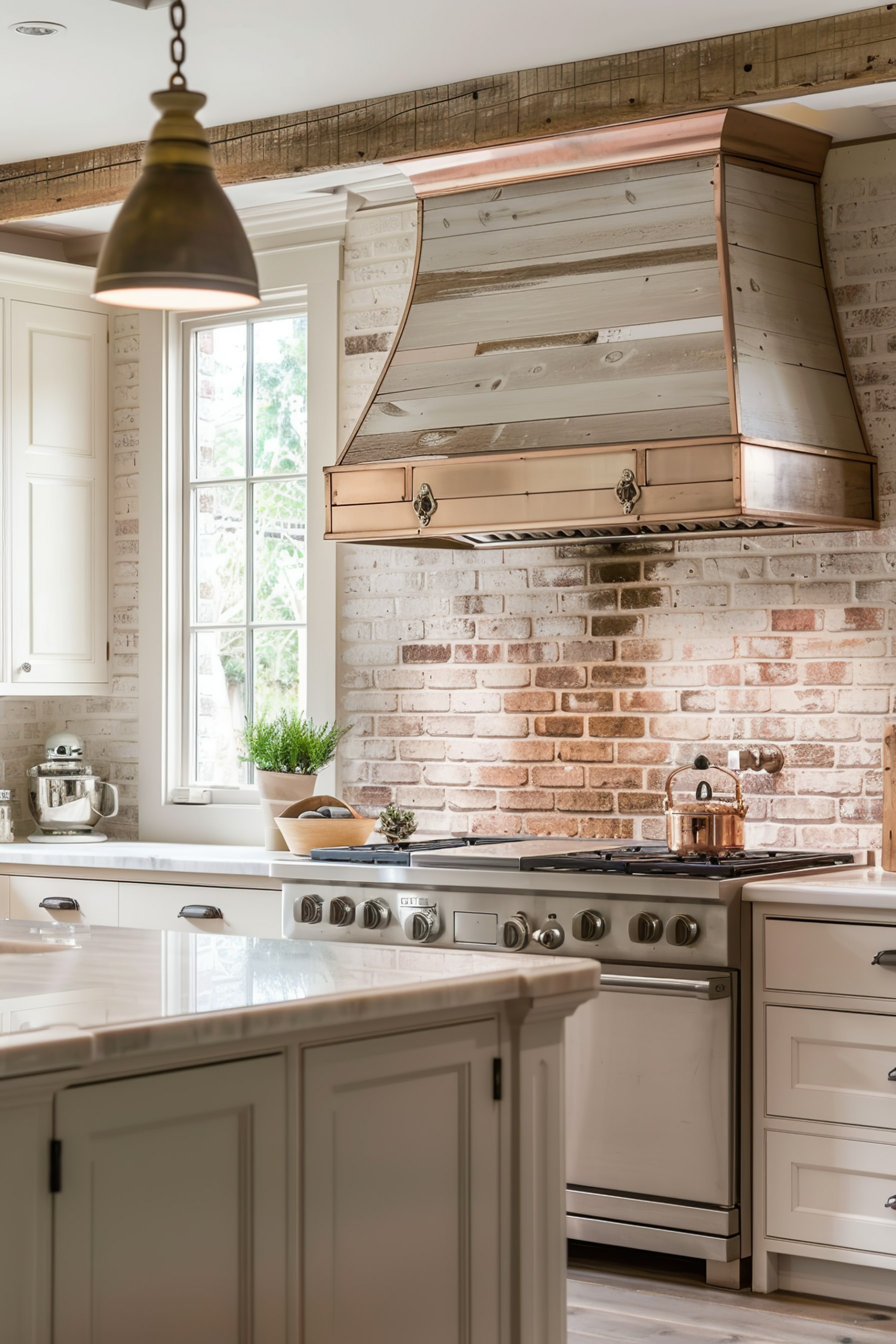 A modern kitchen with white countertops, copper range hood, exposed brick backsplash, and a pendant light.