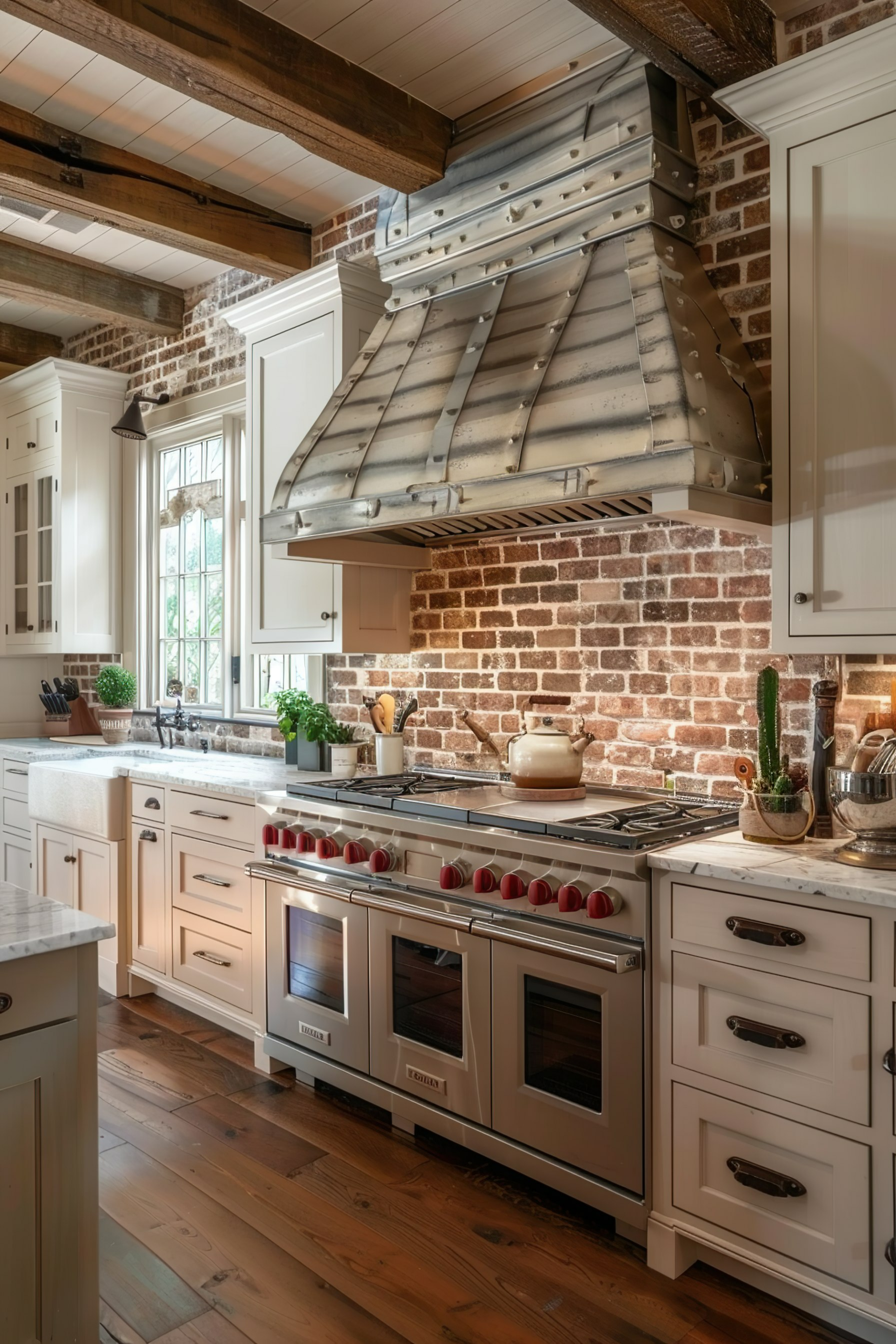 Rustic style kitchen with exposed brick backsplash, wooden beams, and a professional stainless steel range.