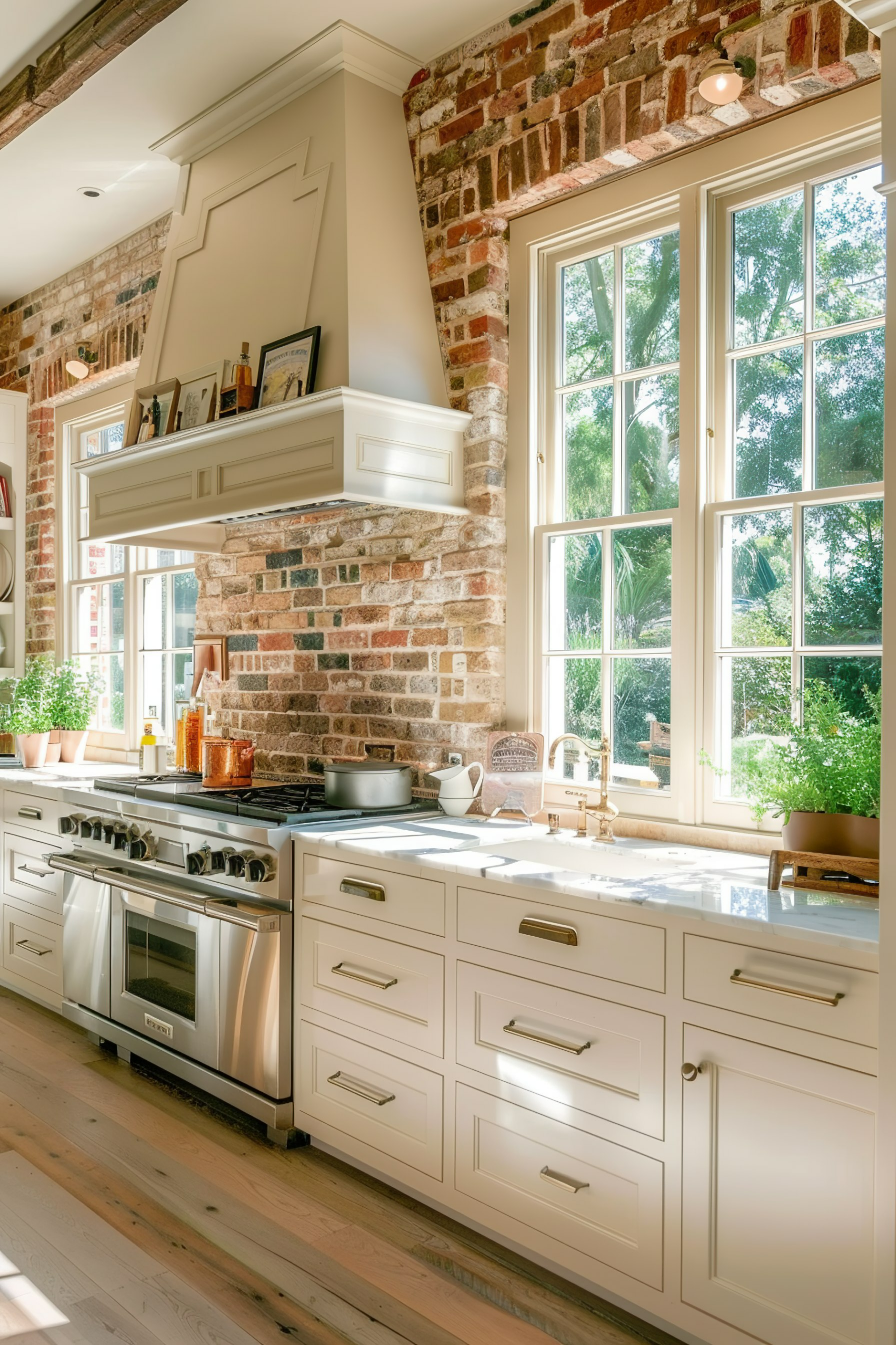 Bright kitchen interior with white cabinetry, stainless steel stove, and exposed brick wall beside large windows.