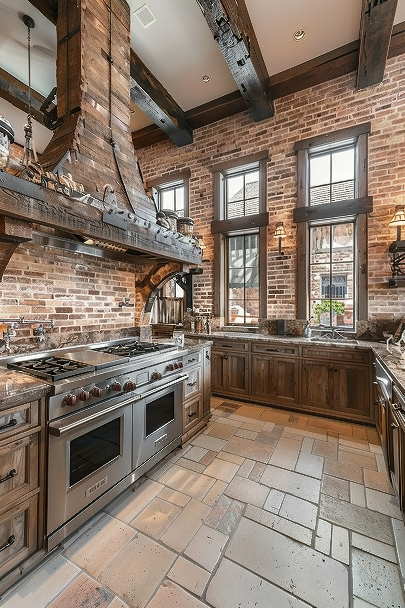 Rustic kitchen interior with brick walls, wooden beams, stainless steel appliances, and tiled flooring.