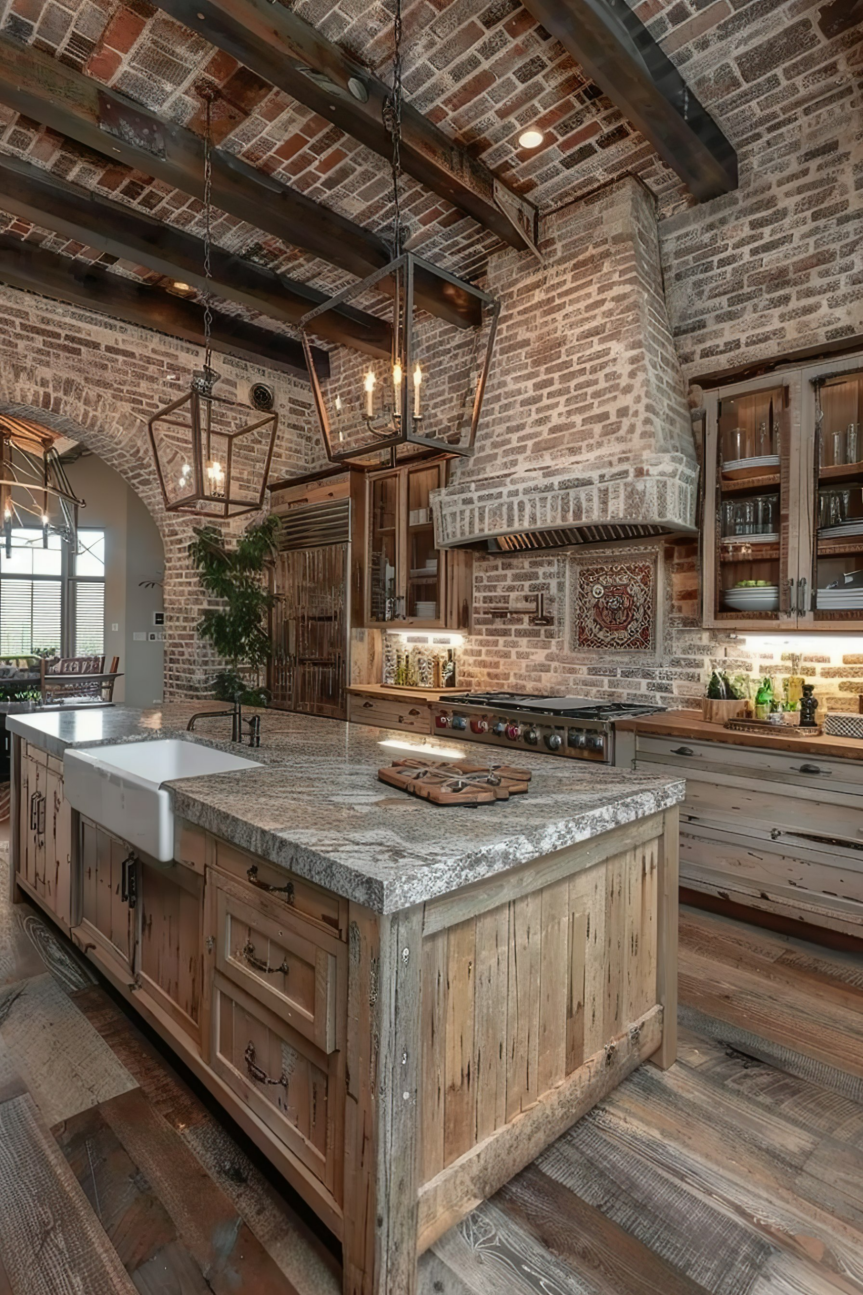 Rustic kitchen interior with exposed brick walls, wooden cabinetry, granite countertops, and hanging metal light fixtures.