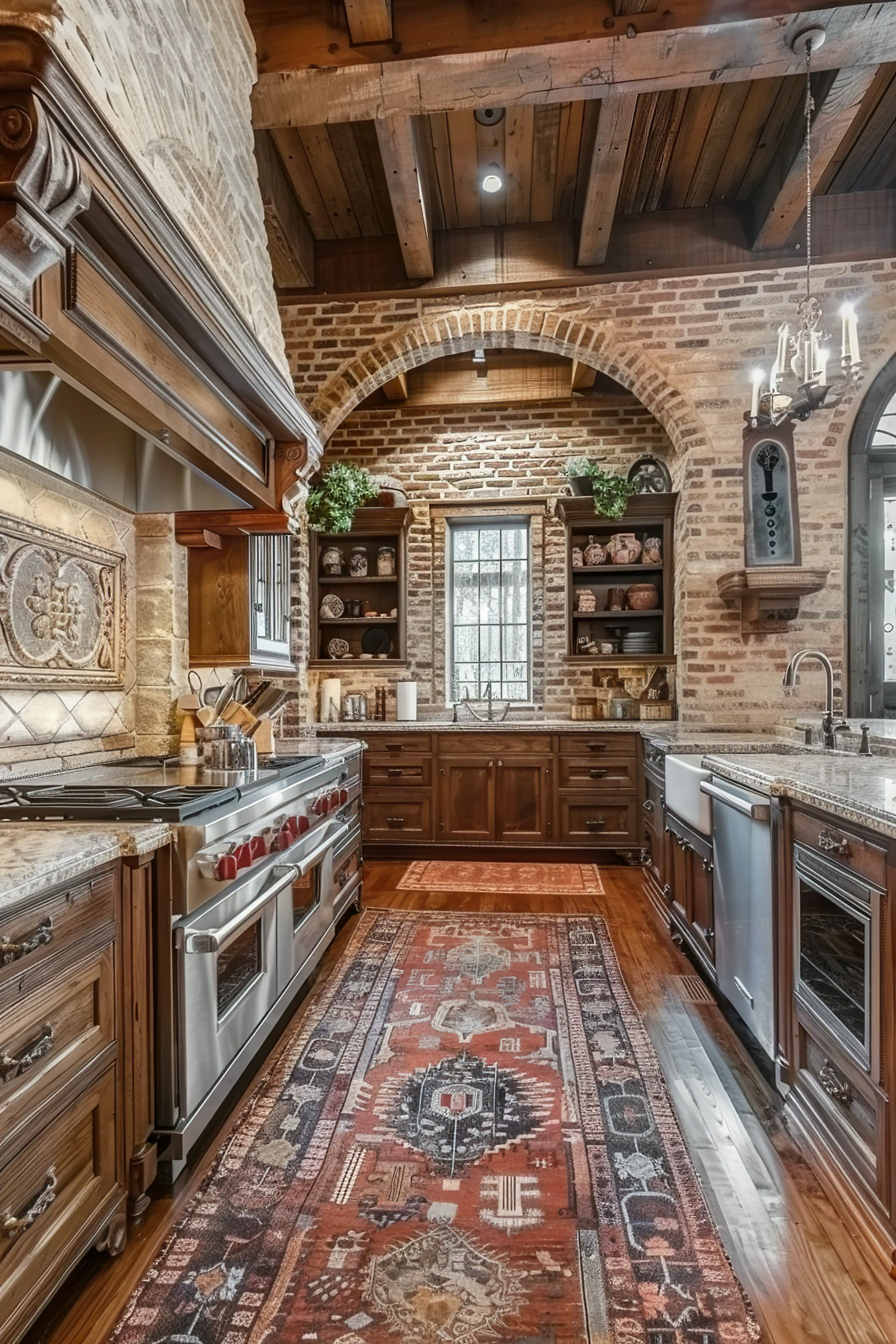 Rustic kitchen interior with brick walls, wooden beams, stainless steel appliances, and a patterned rug on hardwood floor.