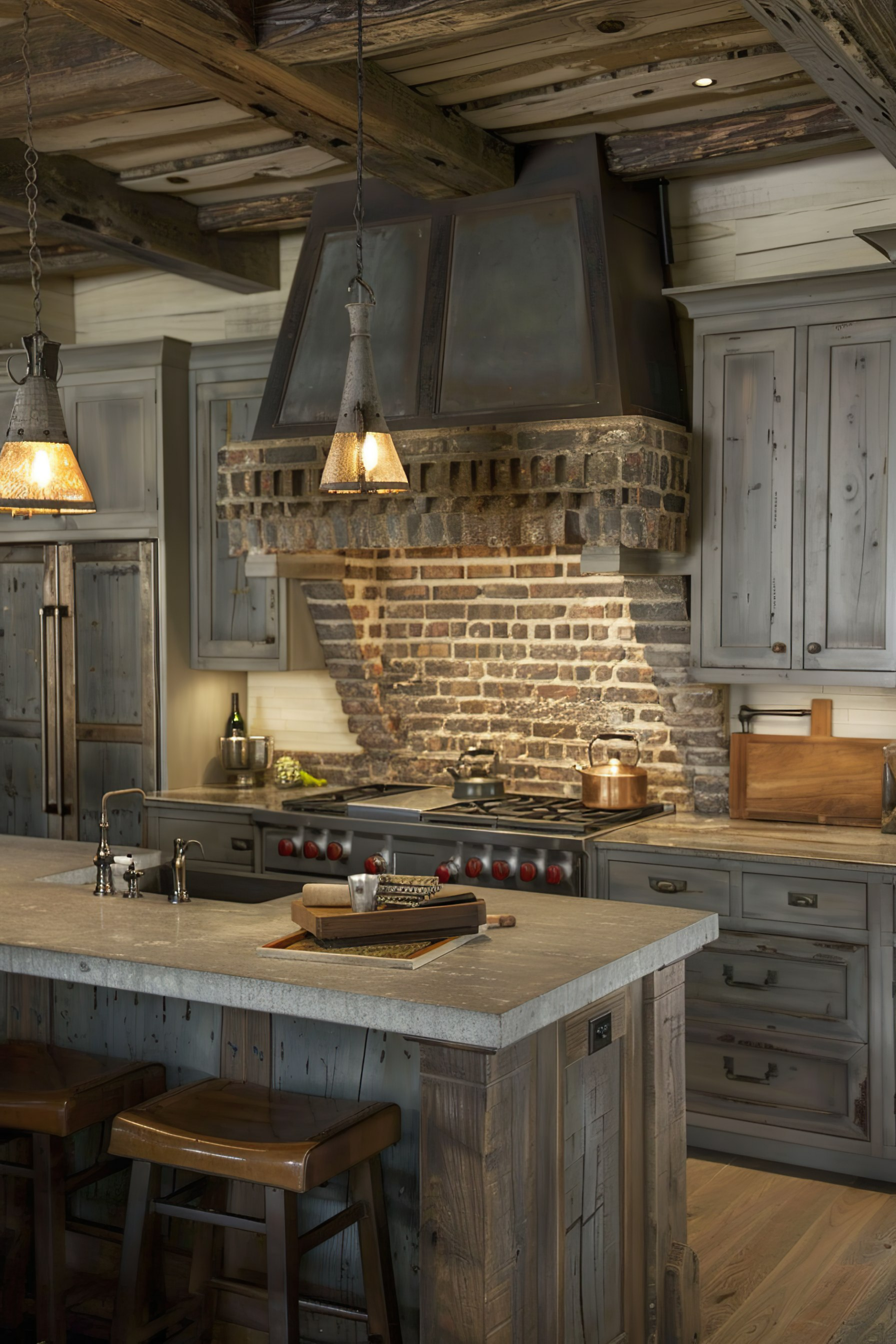 Rustic kitchen with brick wall, farmhouse sink, and pendant lights over a wooden island with leather stools.