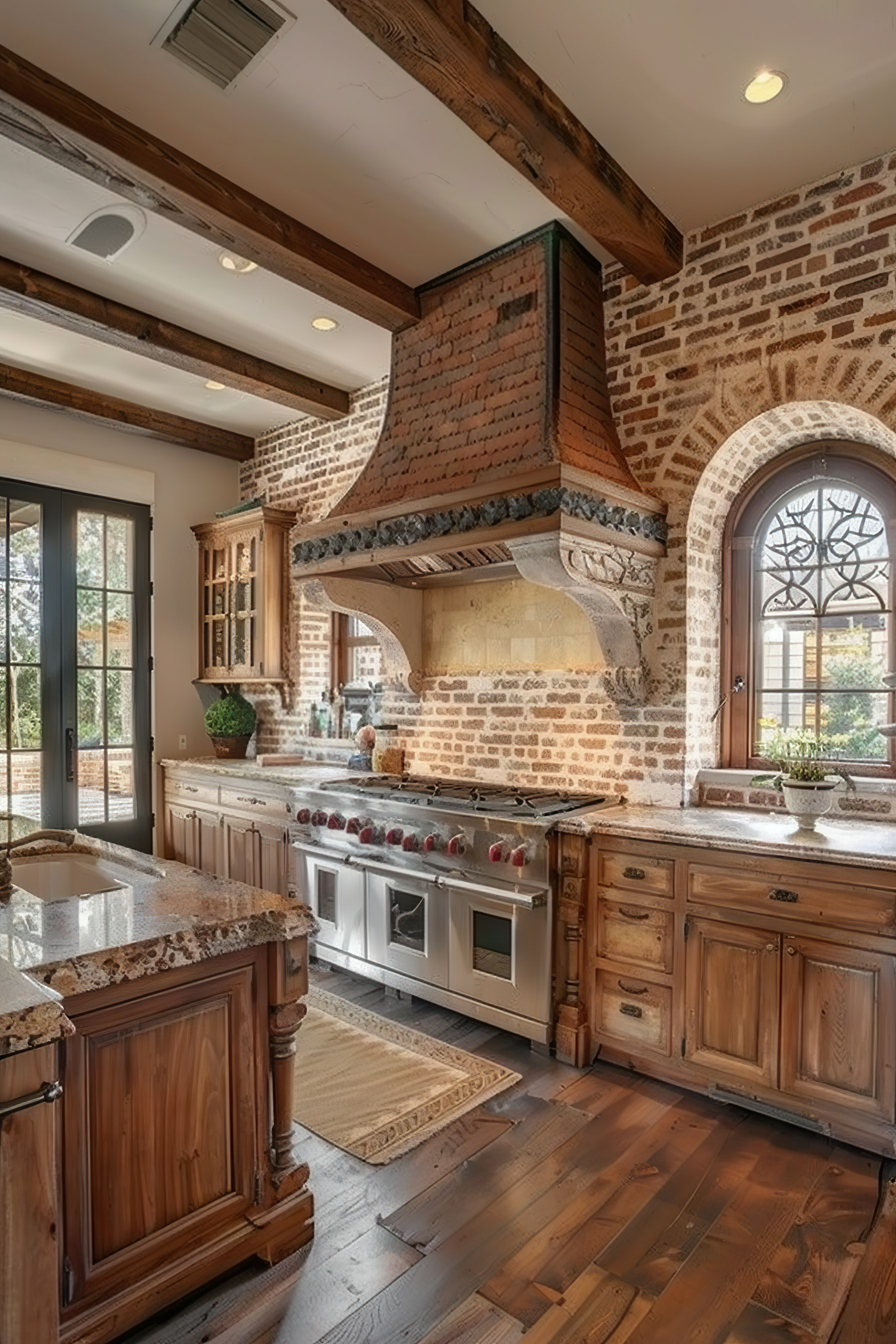 ALT: Rustic kitchen with exposed brick walls, wooden ceiling beams, ornate stone range hood, and vintage wooden cabinetry.