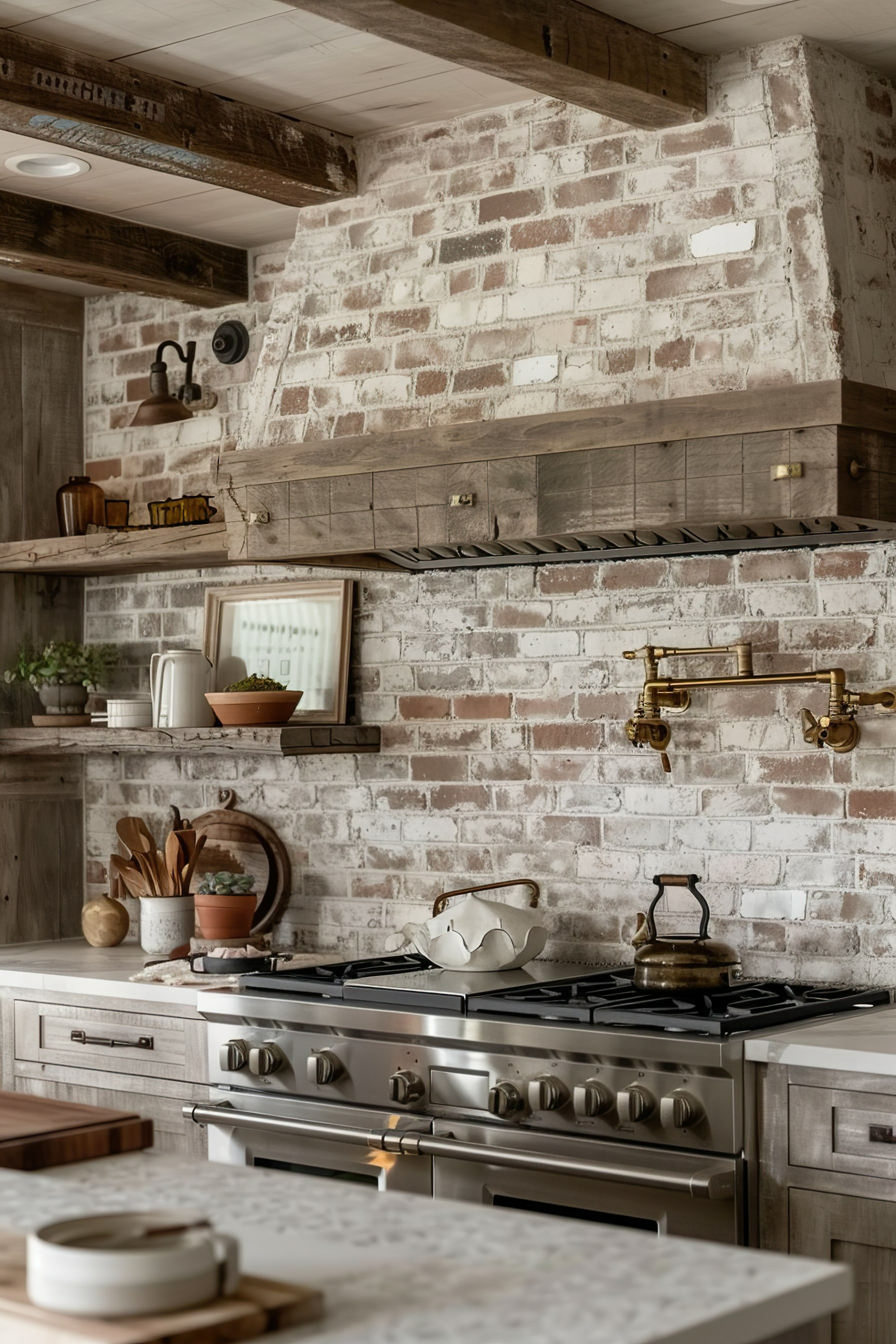 ALT text: Rustic kitchen setting with stainless steel stove, exposed brick wall, and wooden shelves adorned with cooking utensils and plants.