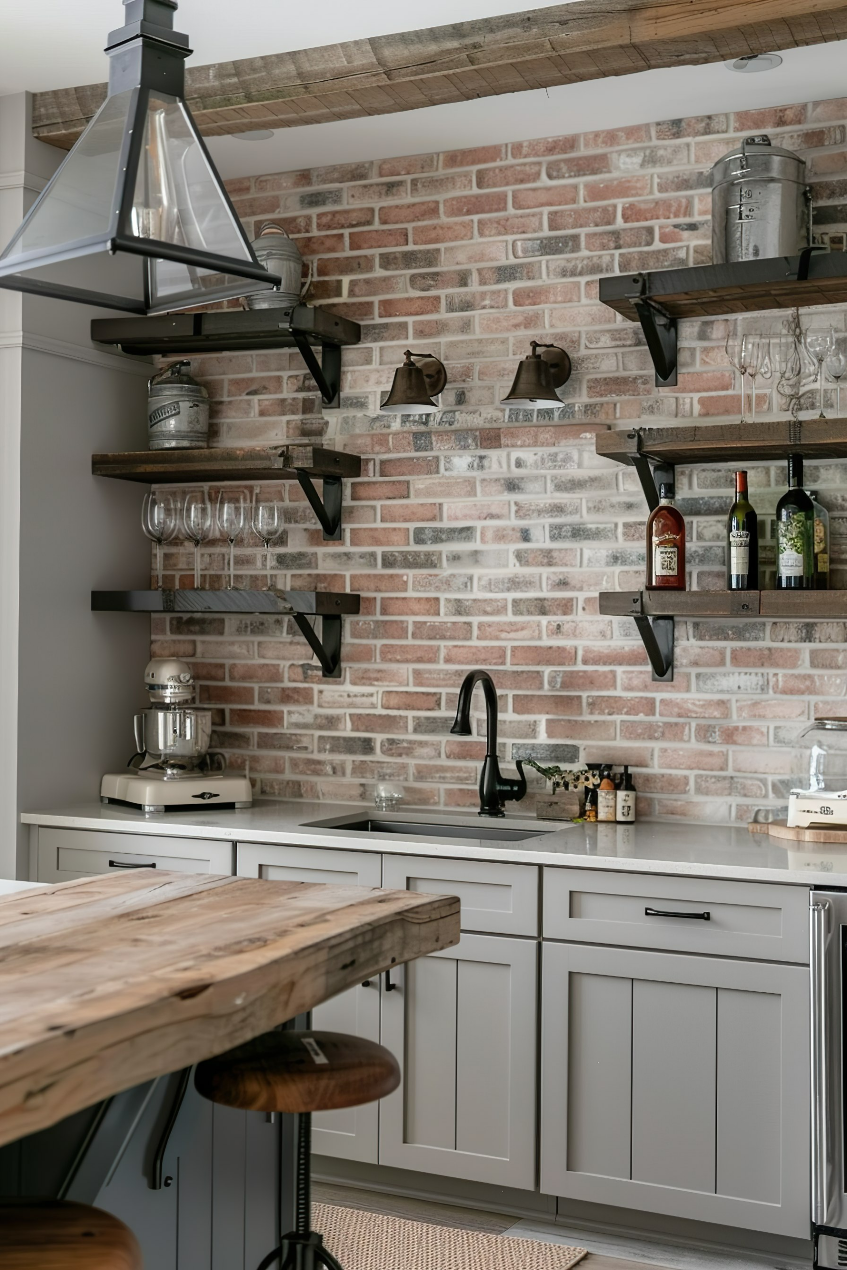 Modern kitchen interior with brick wall, wooden shelves, gray cabinetry, and a kitchen island.