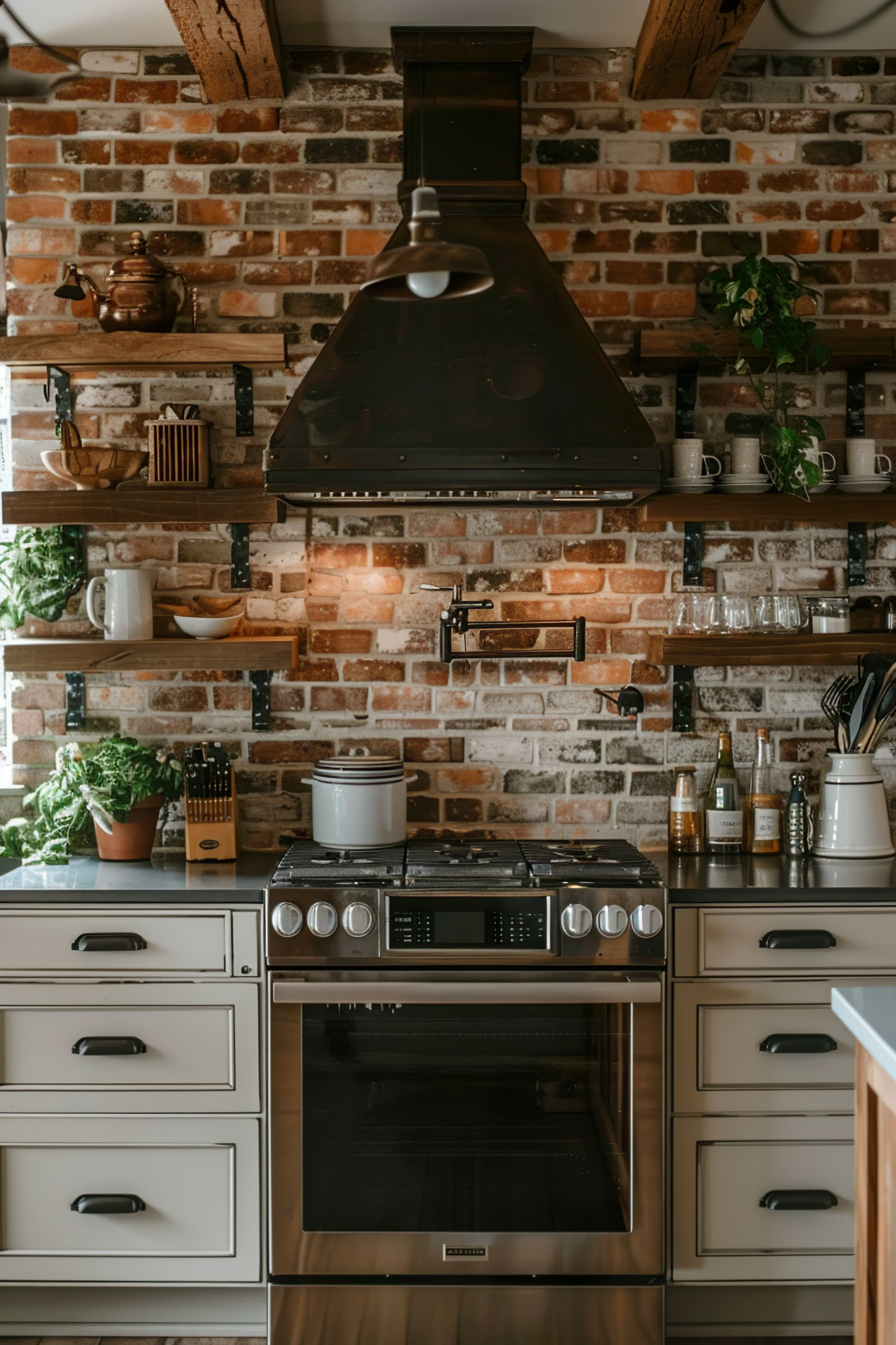 Cozy kitchen interior with exposed brick walls, wooden shelves, plants, and modern appliances.