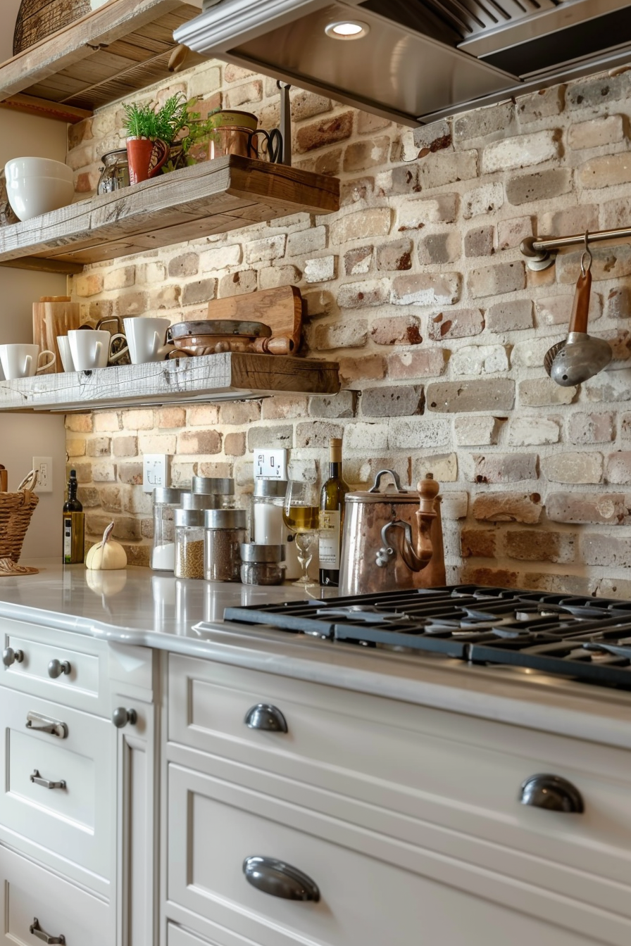 A modern kitchen with stainless steel stove, white cabinets, and floating wooden shelves against a brick wall, adorned with various kitchenware.