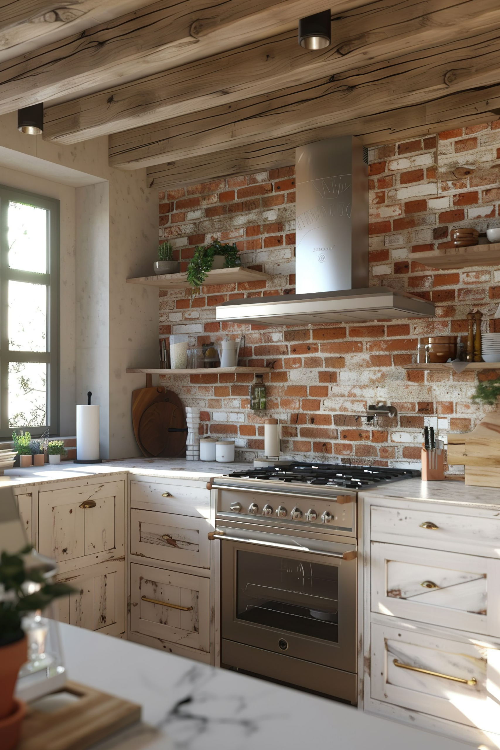 A cozy rustic kitchen with exposed brick walls, wooden beams, and modern appliances.