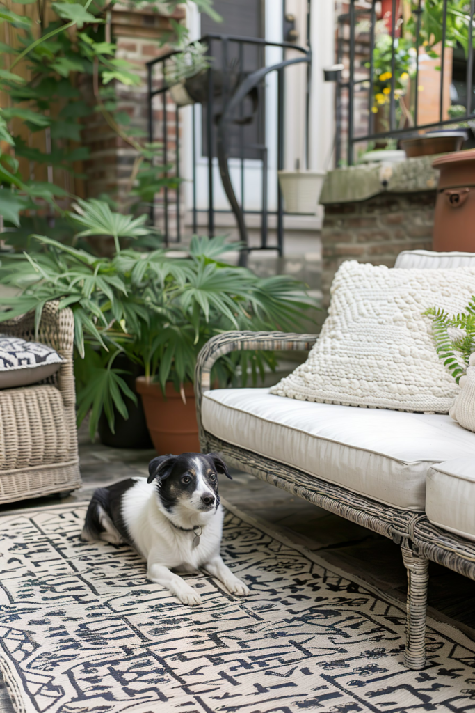 A black and white dog sitting on a patterned rug next to a wicker sofa with cushions on a cozy patio surrounded by potted plants.