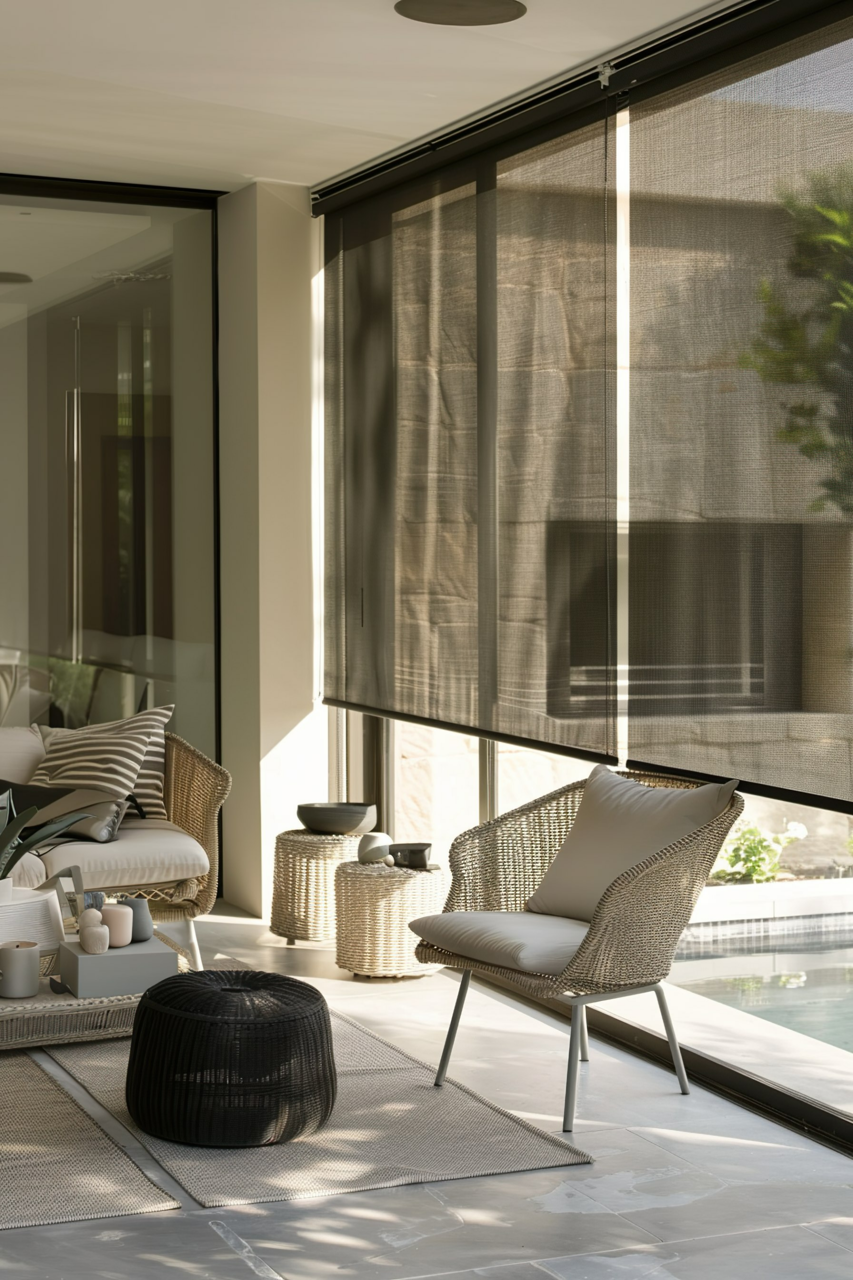 Modern sunlit patio with wicker furniture, sheer curtains, and a view of greenery through large windows.