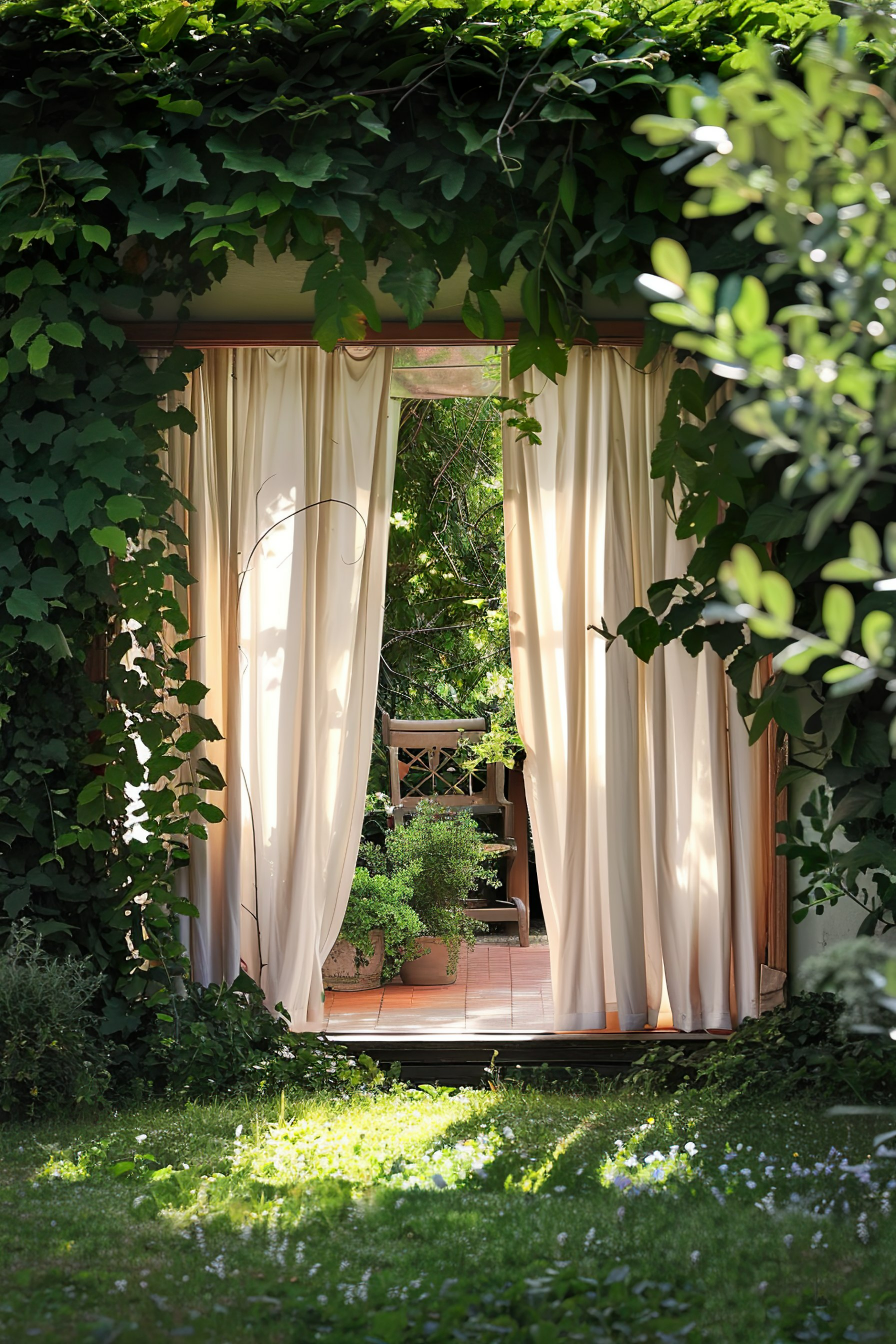 A cozy garden nook with draping cream curtains framing a sunlit open window, embraced by lush greenery and flowering plants.