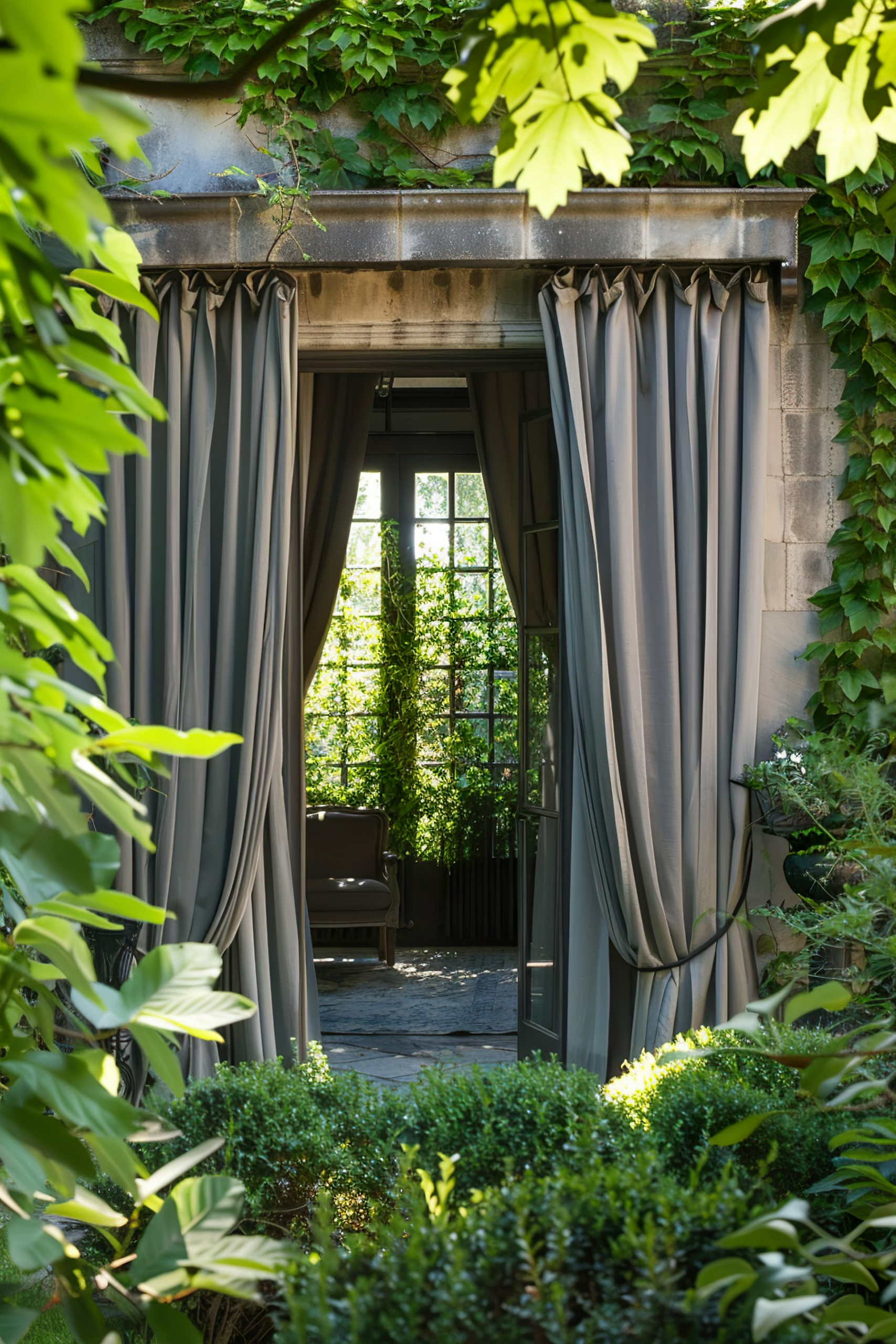 Open doorway with curtains leading to a garden with greenery and a chair visible in the background.