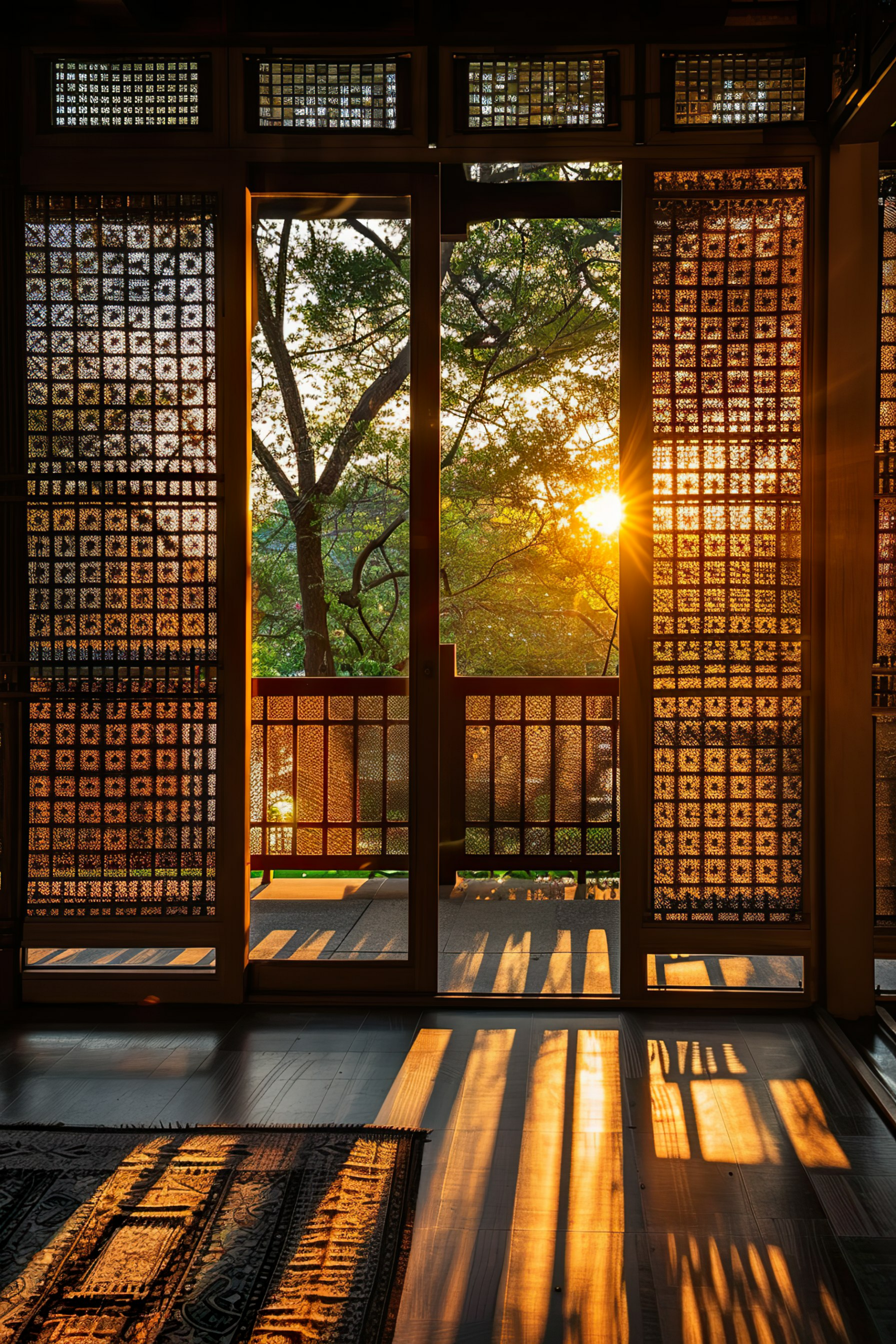 Sunset viewed through traditional patterned sliding doors, casting warm light and shadows on a wooden floor.