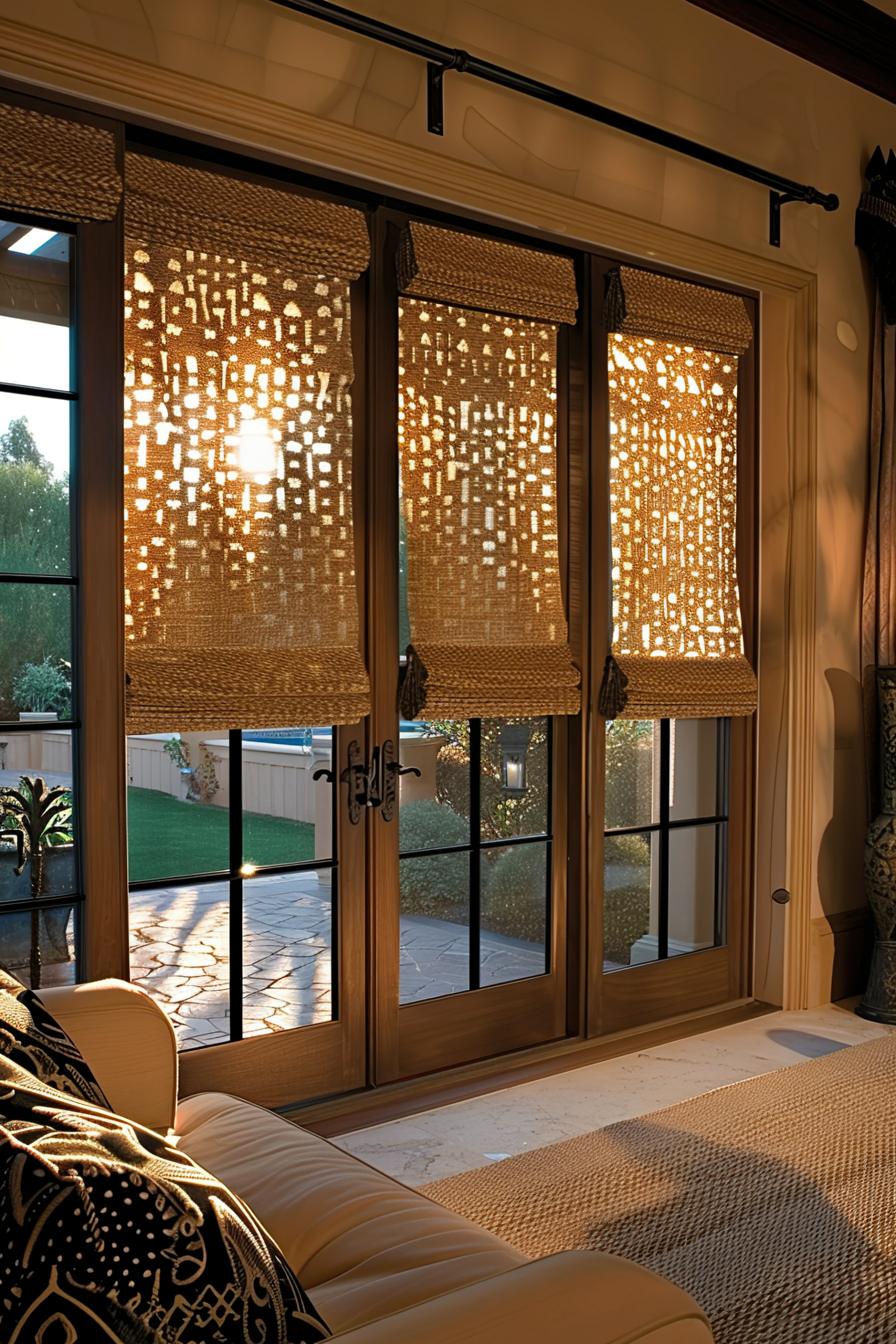 Sunlight filters through woven window shades casting patterns on the floor of a cozy, well-decorated room with a garden view.