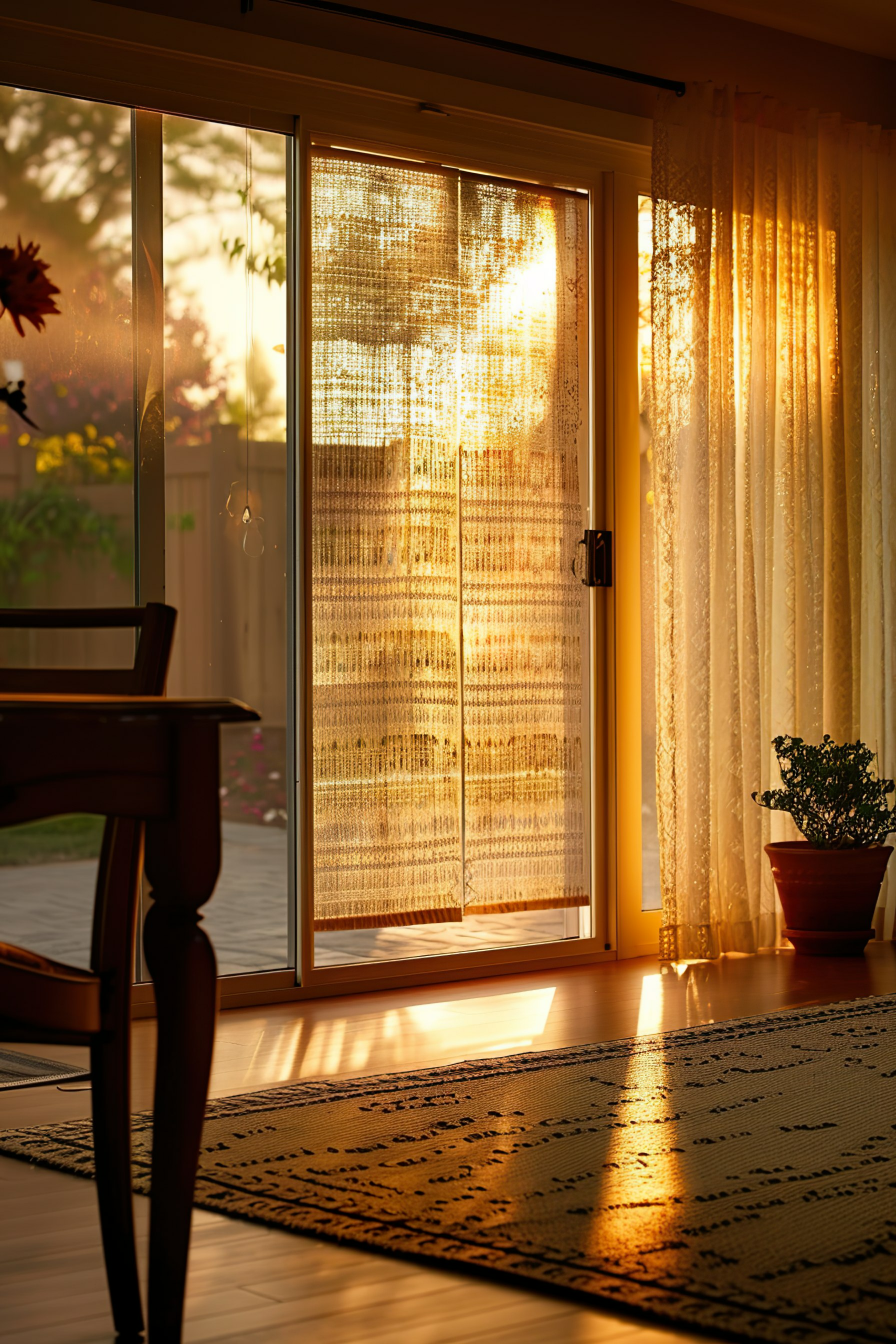 Warm sunlight streams through sheer curtains onto a cozy room with a sliding glass door and a plant on the windowsill.