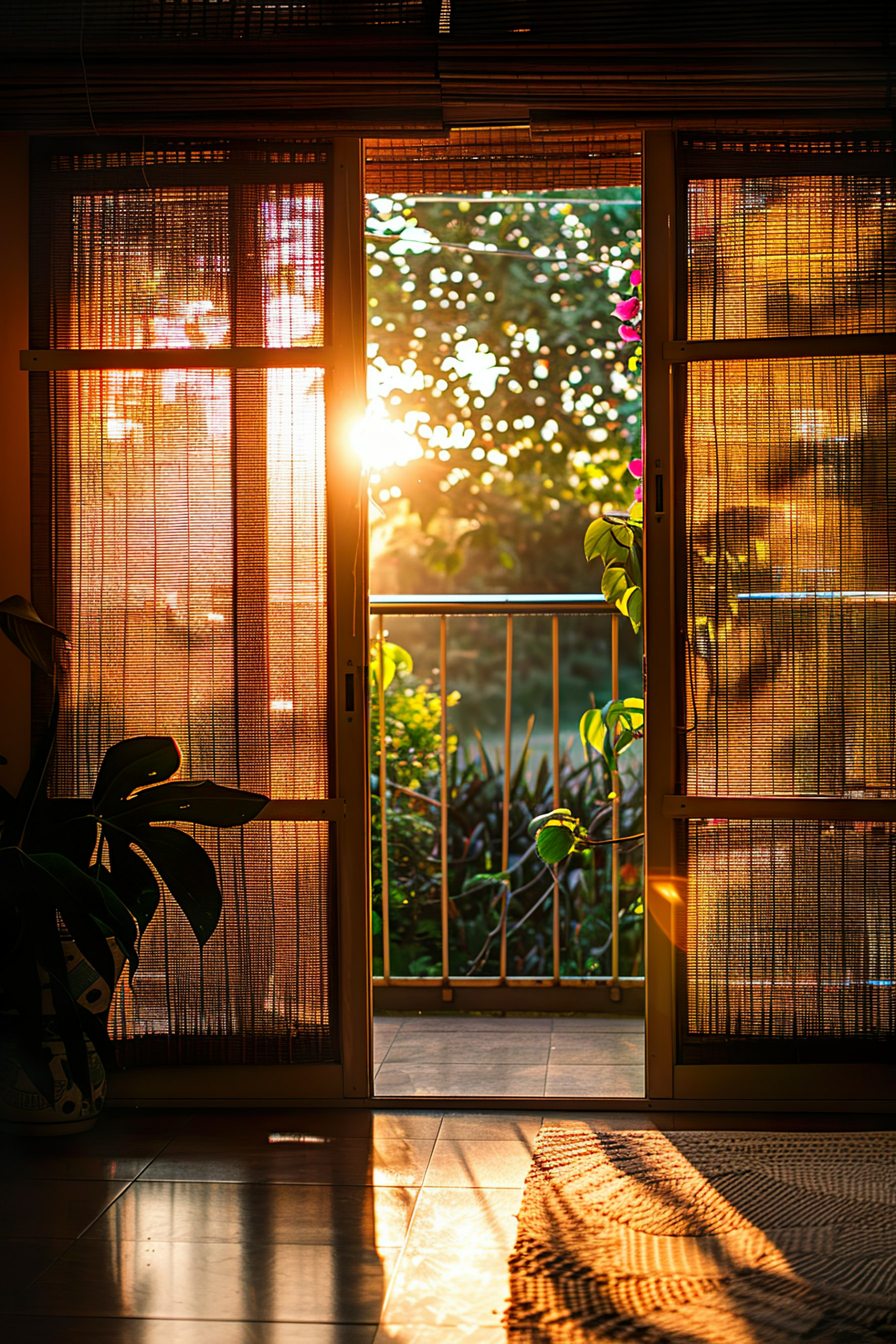 Sunlight streaming through a screened door, casting a warm glow and shadows on a tiled floor, with a view of a garden outside.