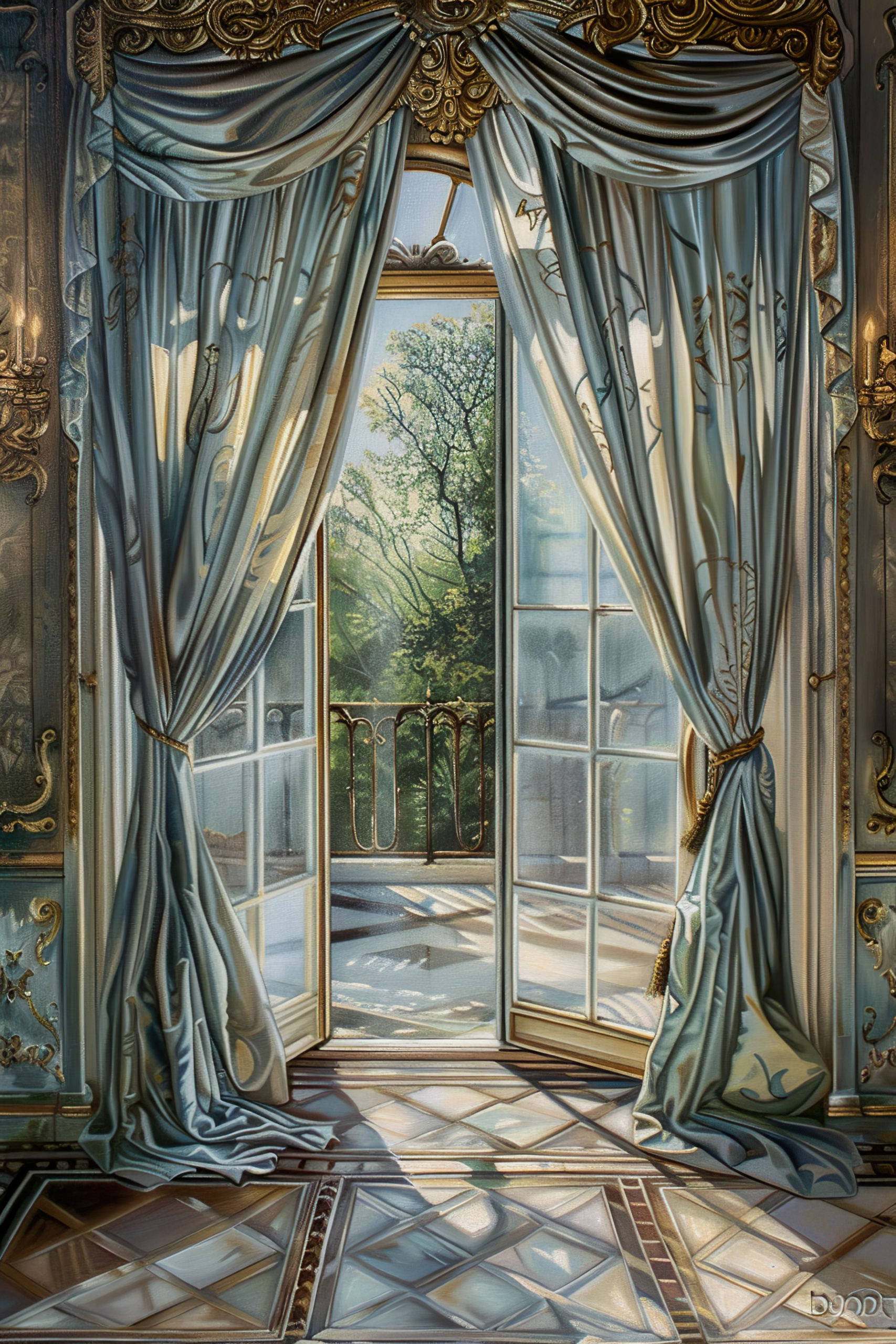 Elegant room with open French windows, sheer curtains, and a view of trees in bright daylight, casting shadows on the patterned floor.