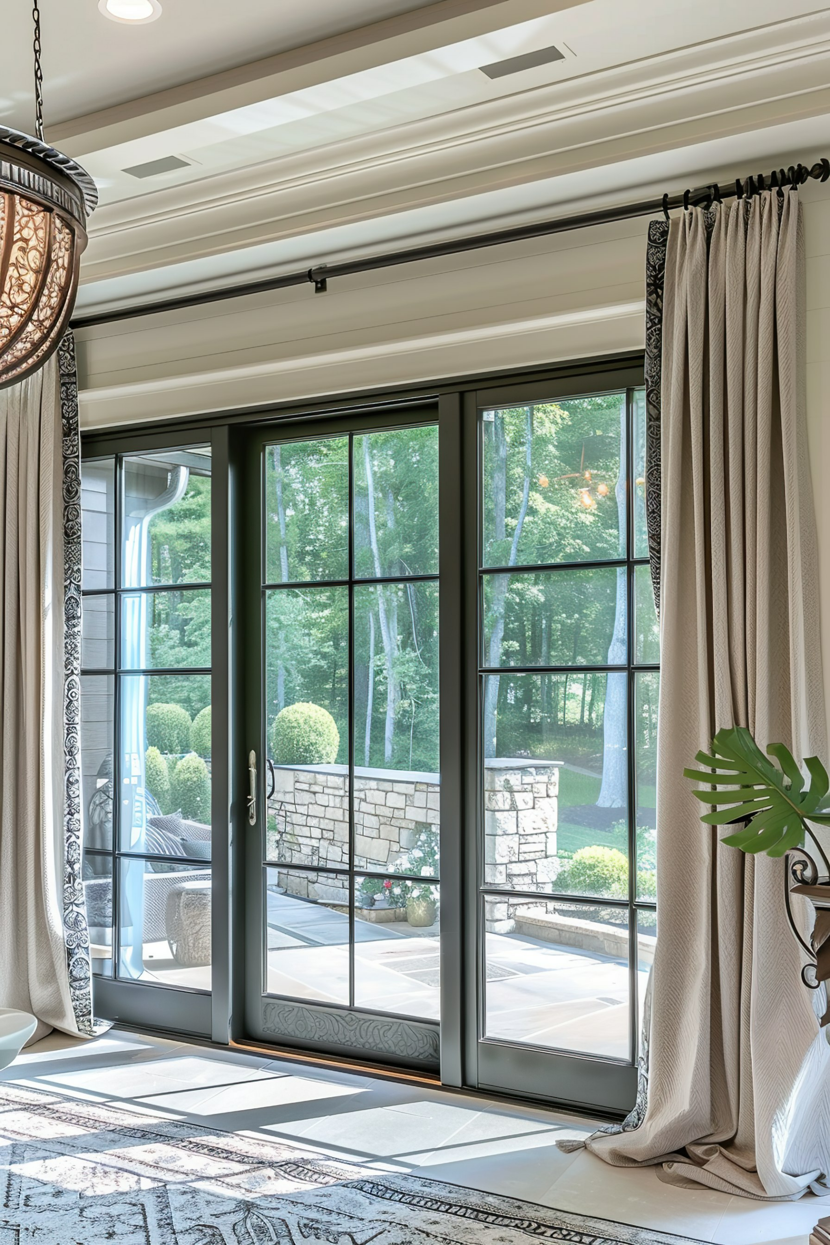 Elegant room with floor-to-ceiling glass door, patterned curtains, chandelier, and a view of trees outside.