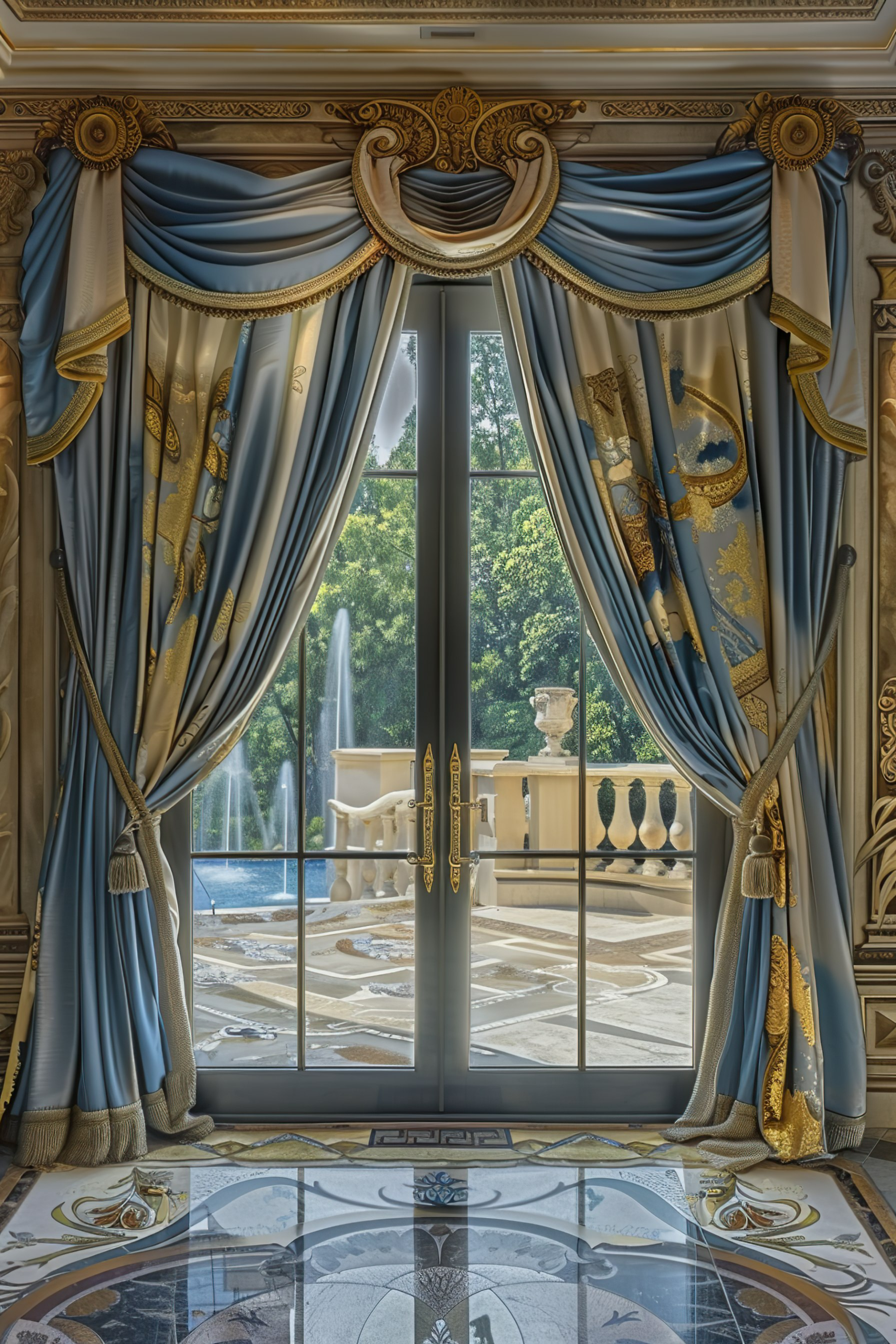 Elegant floor-to-ceiling window draped with luxurious blue and gold curtains, overlooking a fountain and garden.