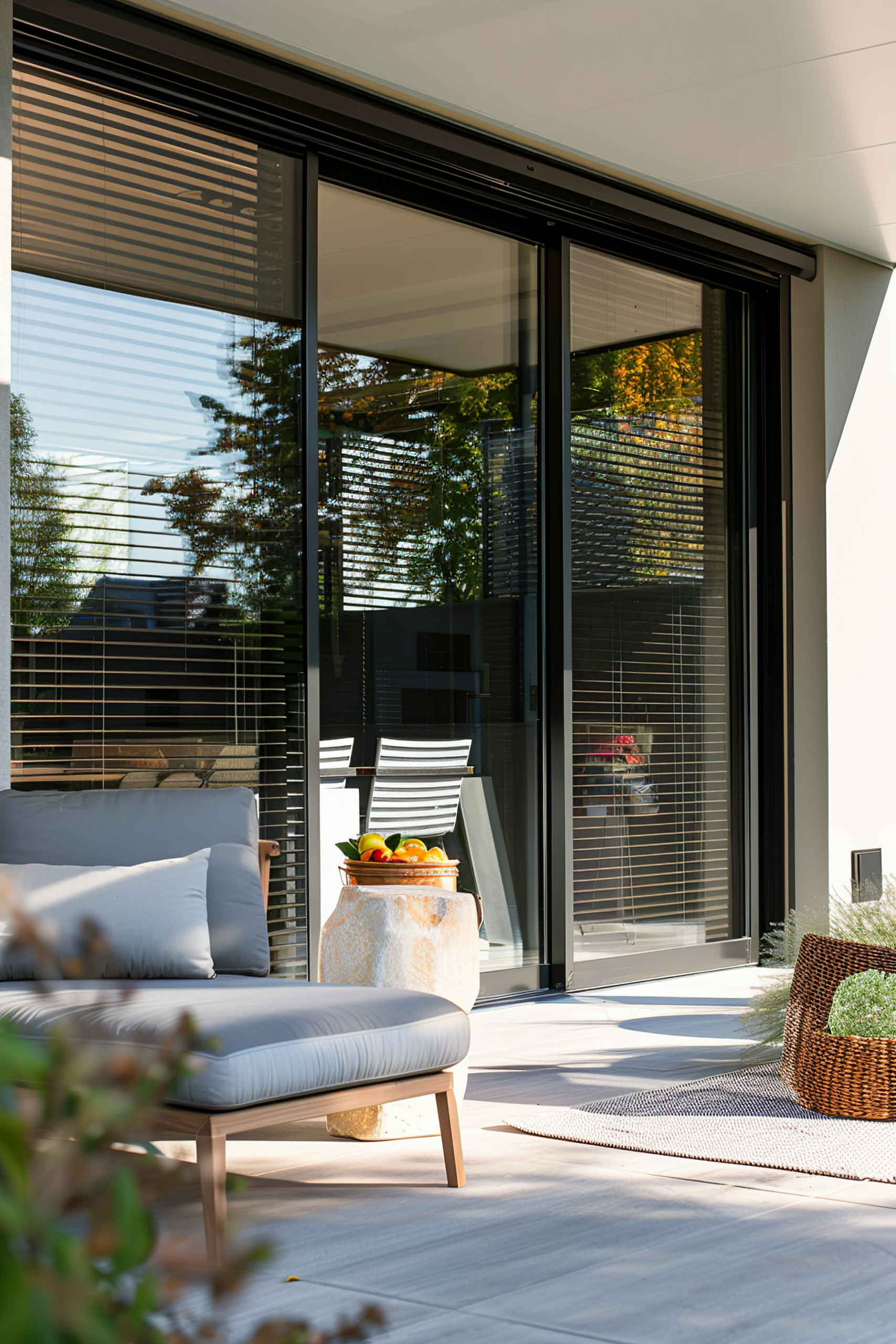 Modern patio with sliding doors, furniture, and a fruit bowl on a stand, with sunlight and reflections on windows.