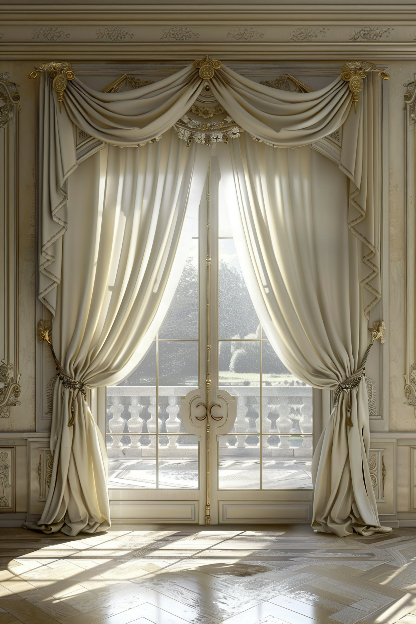 Elegant French doors framed by luxurious draped curtains with intricate detailing, opening to a sunny balcony, casting shadows on ornate floors.