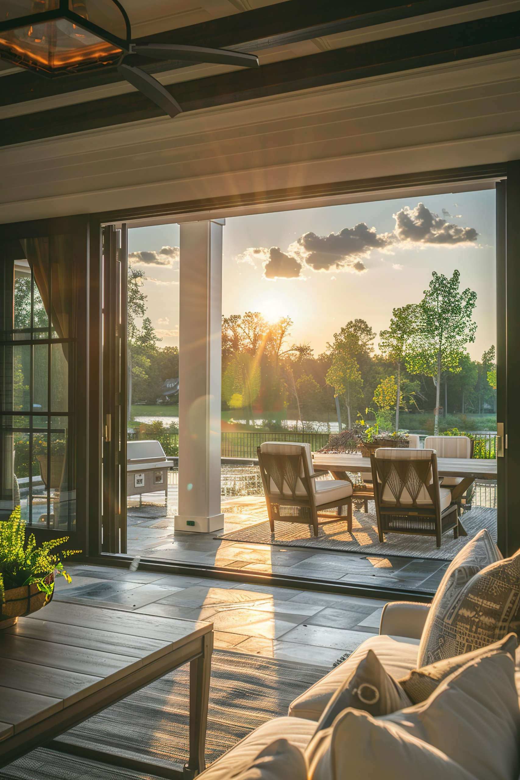 Sunset view from a cozy home patio with open sliding doors, comfortable chairs, and a grill, overlooking trees and a water body.