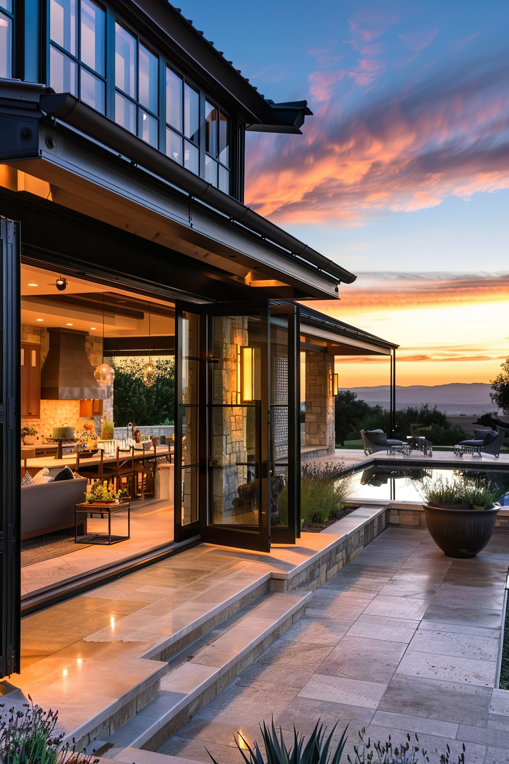 Modern house exterior at dusk with lit interior, large windows, patio area, and a dramatic cloudy sky in the background.