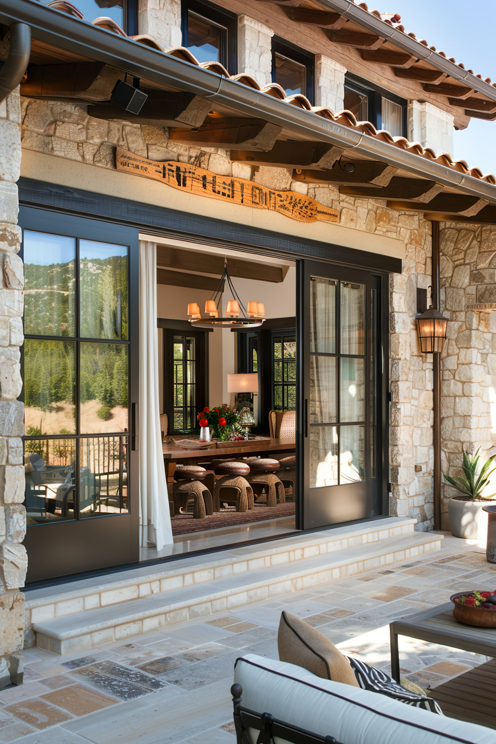 ALT: Elegant outdoor patio leading to a cozy dining room with visible interior chandelier, large windows, and stone wall detailing.