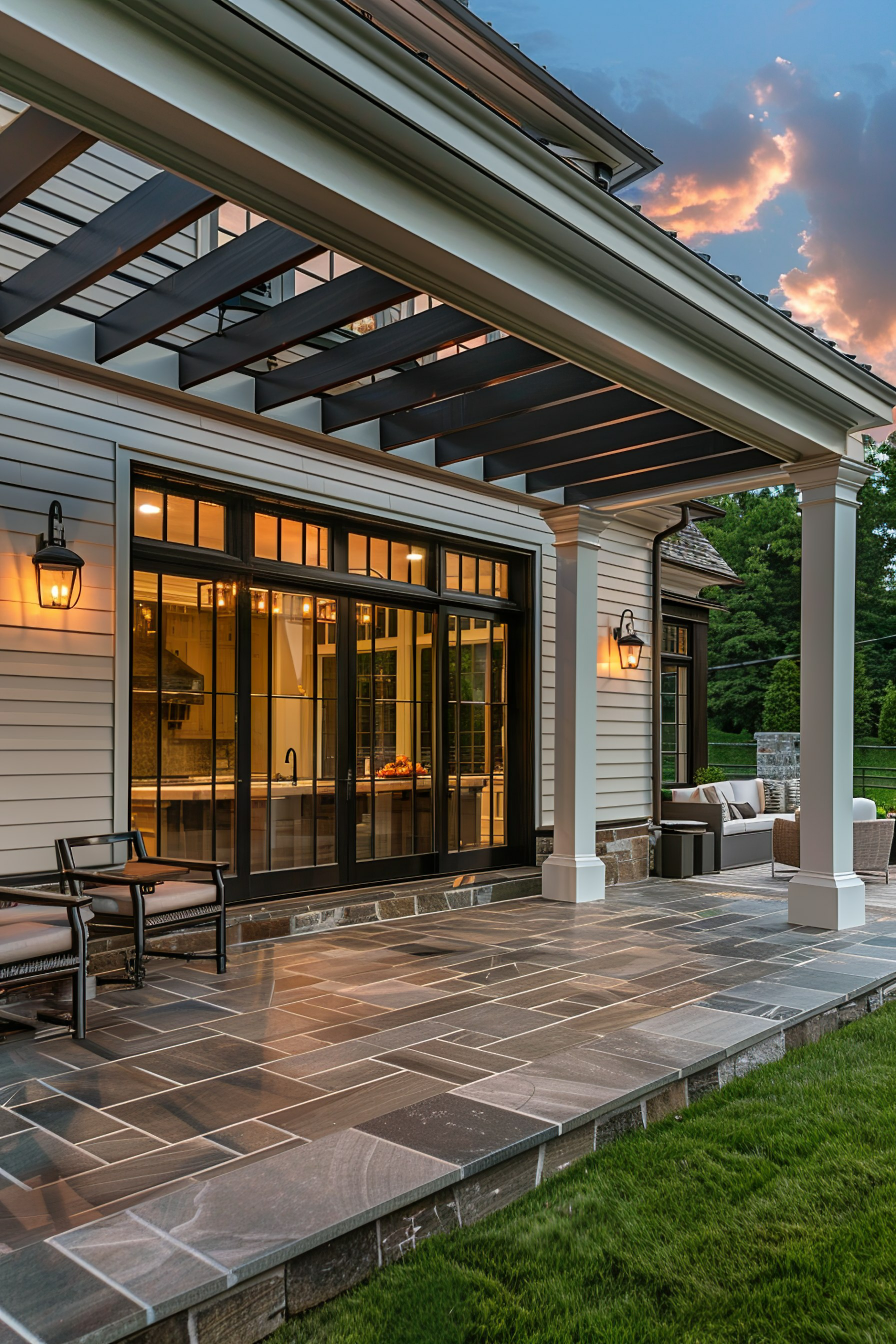 Luxurious home patio with outdoor seating, large windows, and a pergola against a sunset sky.