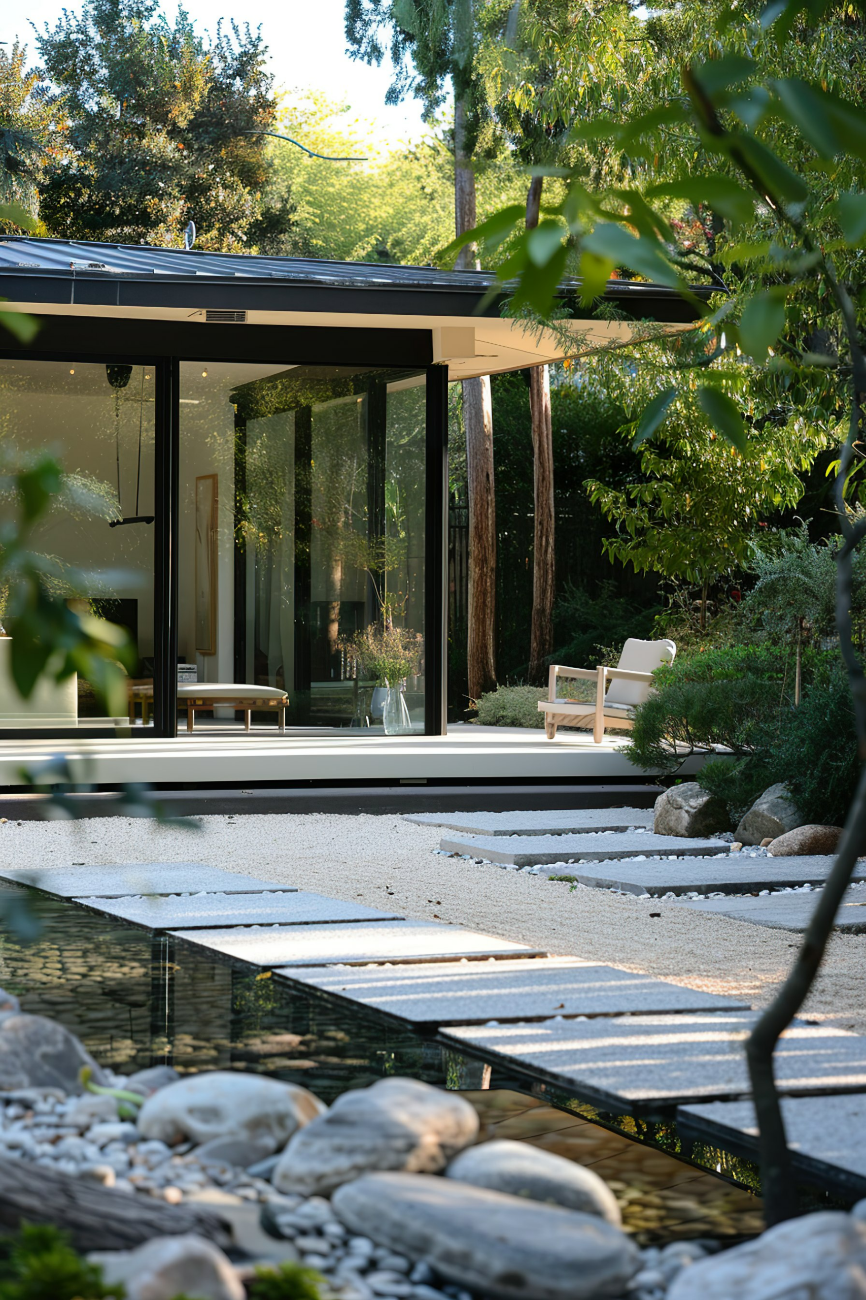 Modern house with large glass windows surrounded by trees and a serene garden with a stepping stone path over water.