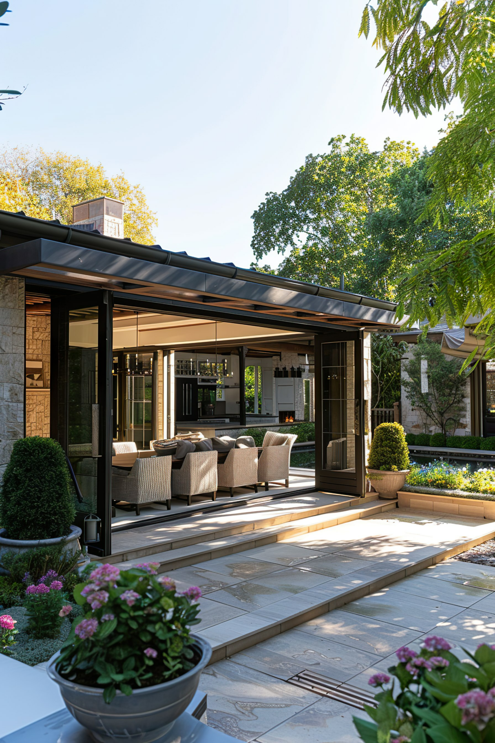 Luxurious outdoor patio with seating area, retractable awning, surrounding greenery, and a glimpse of a fireplace.