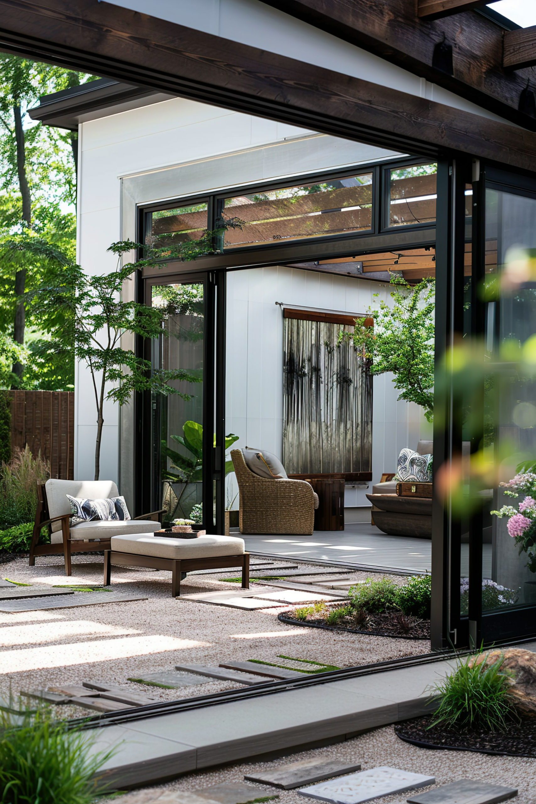 Modern outdoor patio area with pebble walkways, elegant furniture, and lush greenery framed by black window frames.