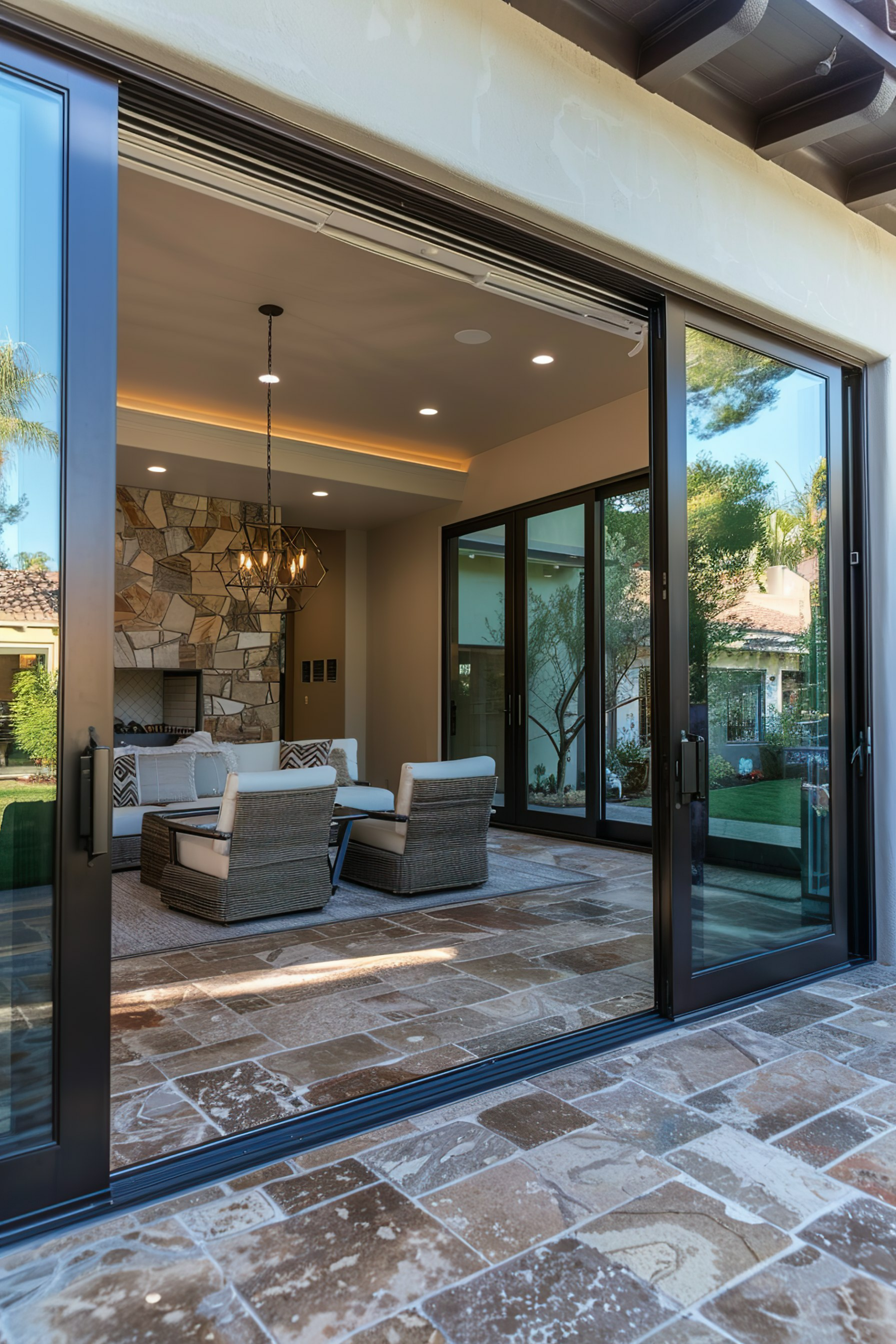 Luxury home interior with open sliding glass doors leading to a patio, featuring cozy seating and stone fireplace.