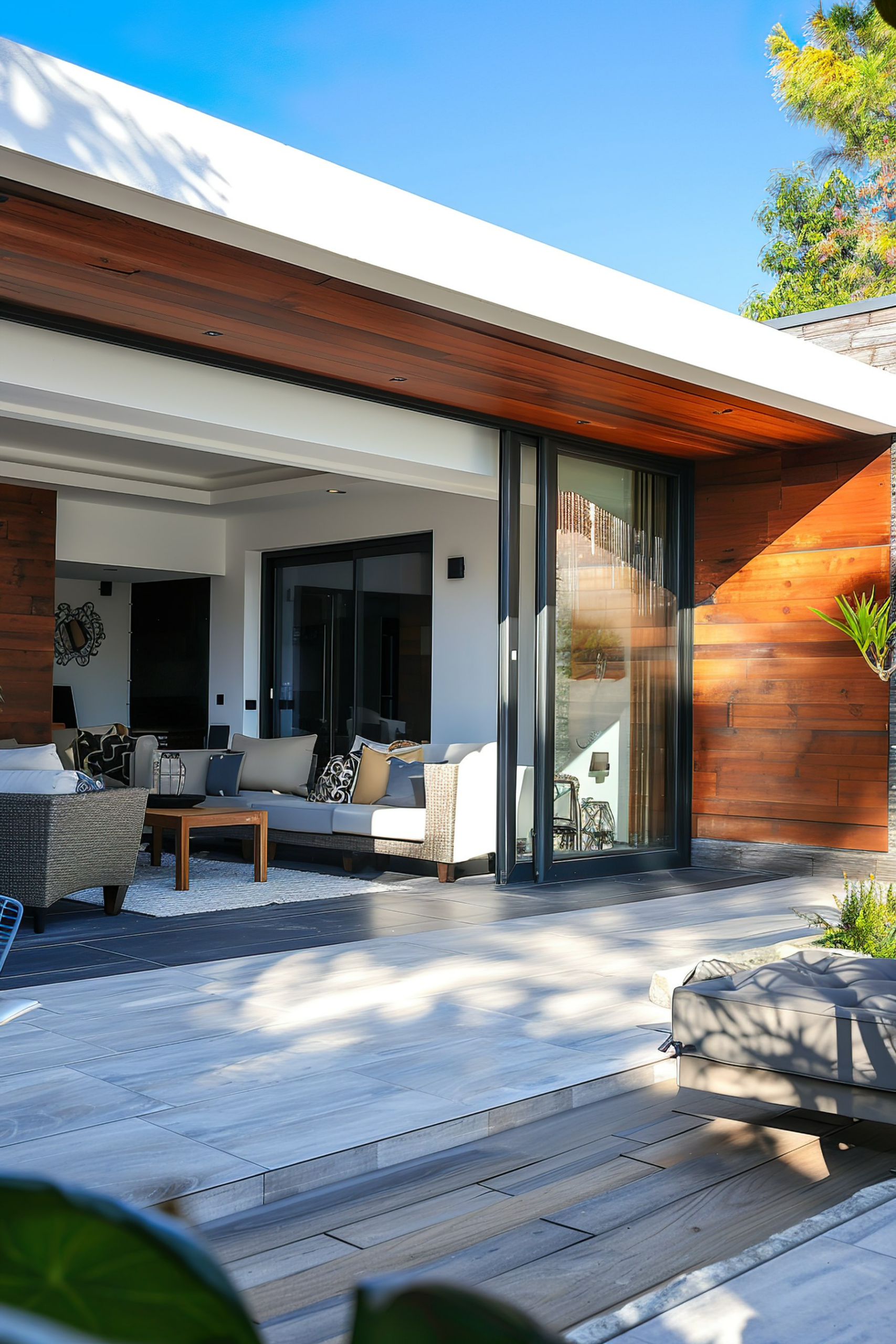 Modern home patio with sliding glass doors, outdoor furniture, and a mix of wood and tile floor.