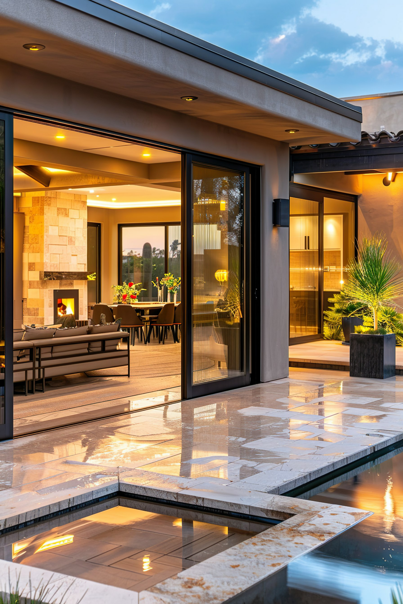 Luxurious patio with open sliding doors leading to a modern living room and dining area, reflecting on the wet floor at dusk.