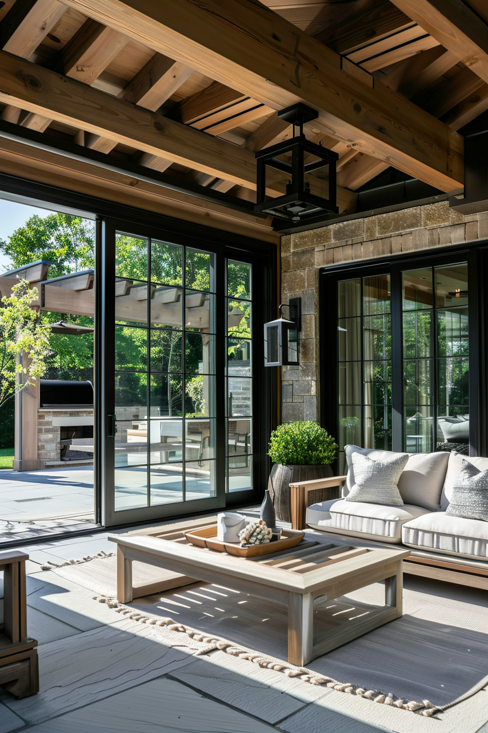 Elegant patio with wooden furniture and beams, black-framed glass doors, and lush greenery visible outside.